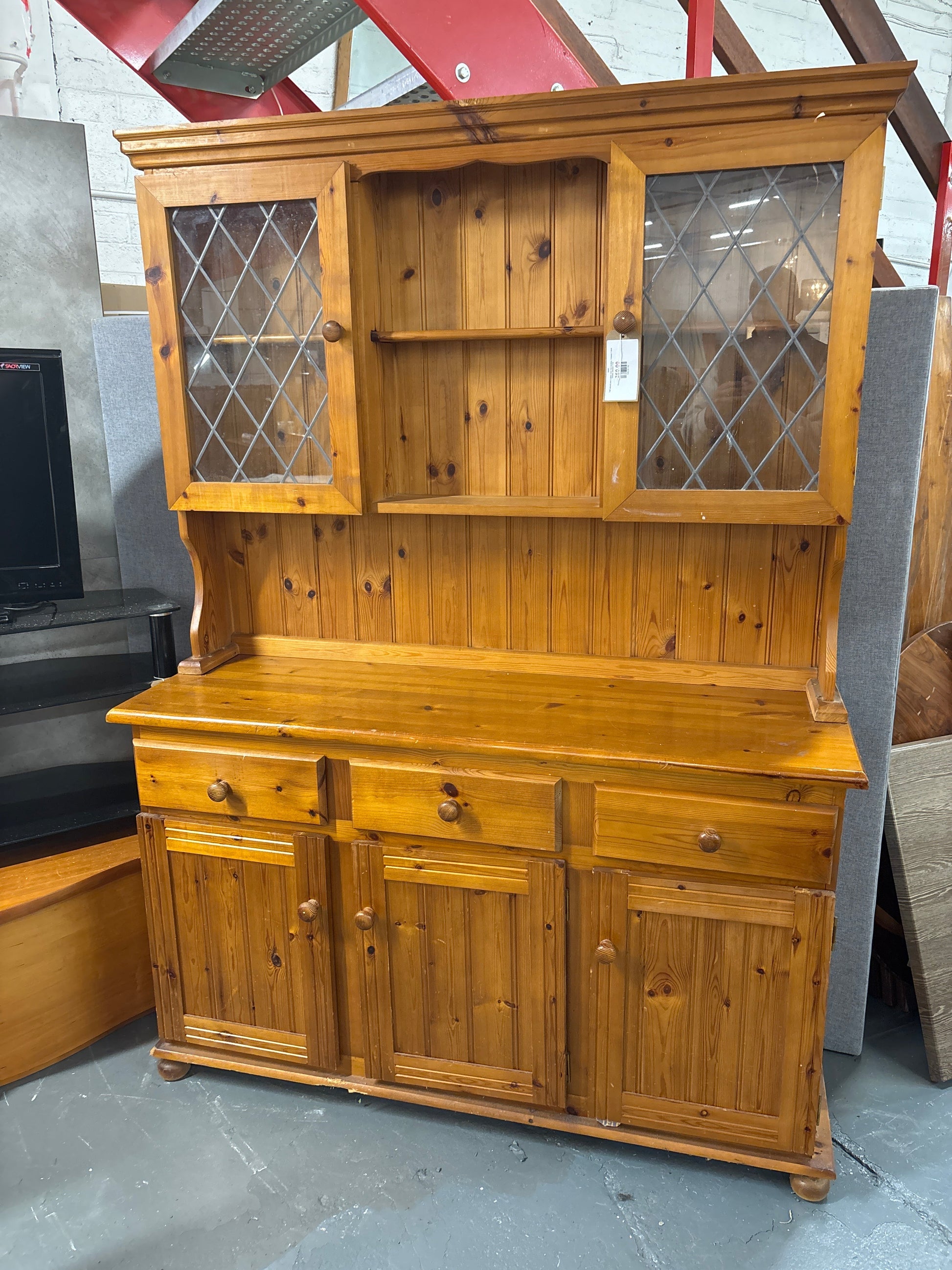 Tall natural pine 3 glass door top section, 3 drawer 3 door kitchen dresser 3125