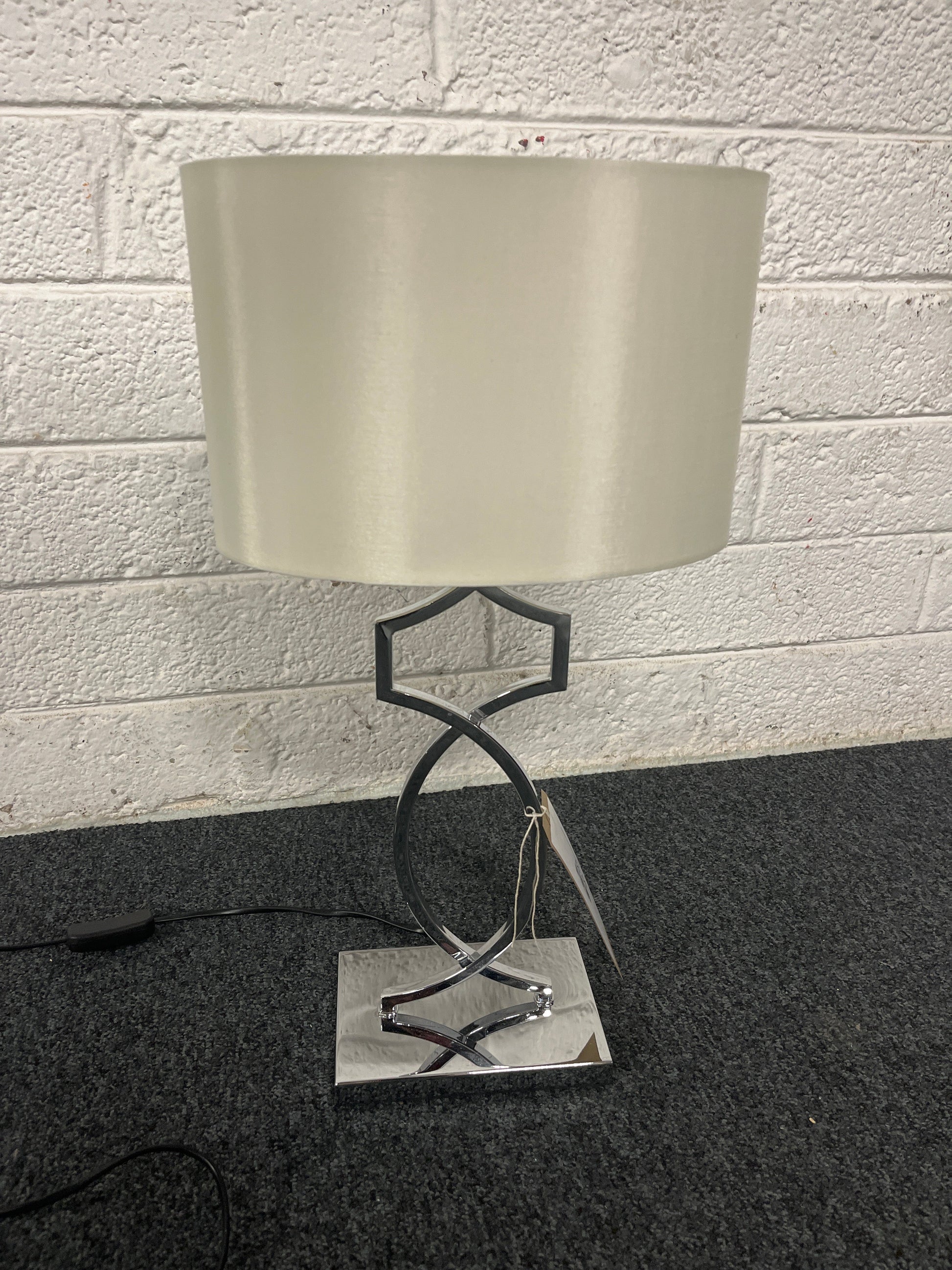 Ornate chrome framed lamp with white shade 1225