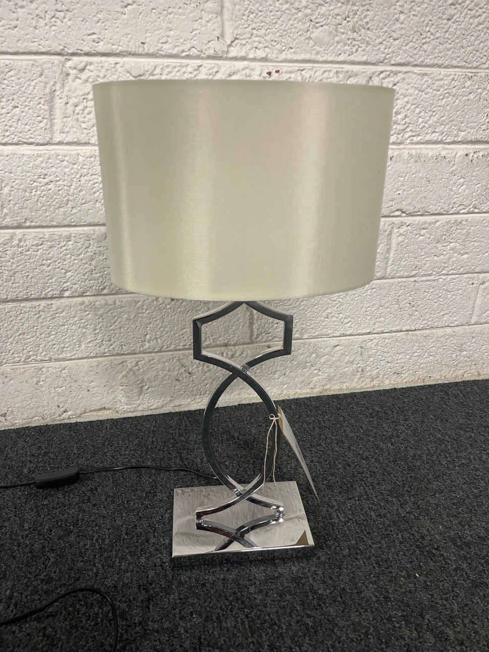 Ornate chrome framed lamp with white shade 1225
