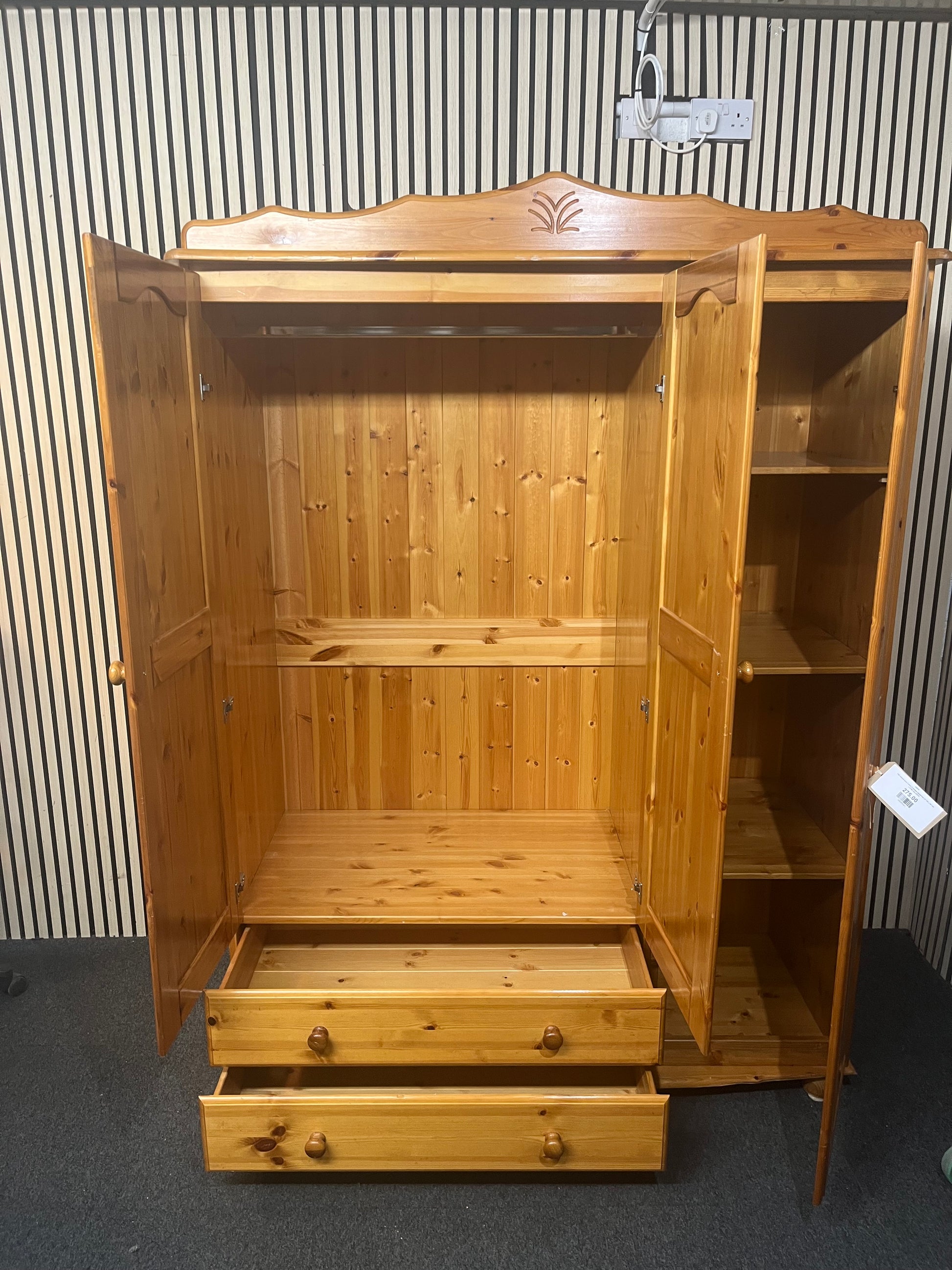 Tall natural pine 3 door 2 drawer wardrobe (H 190 x W 140 x D 60 cm) 43818