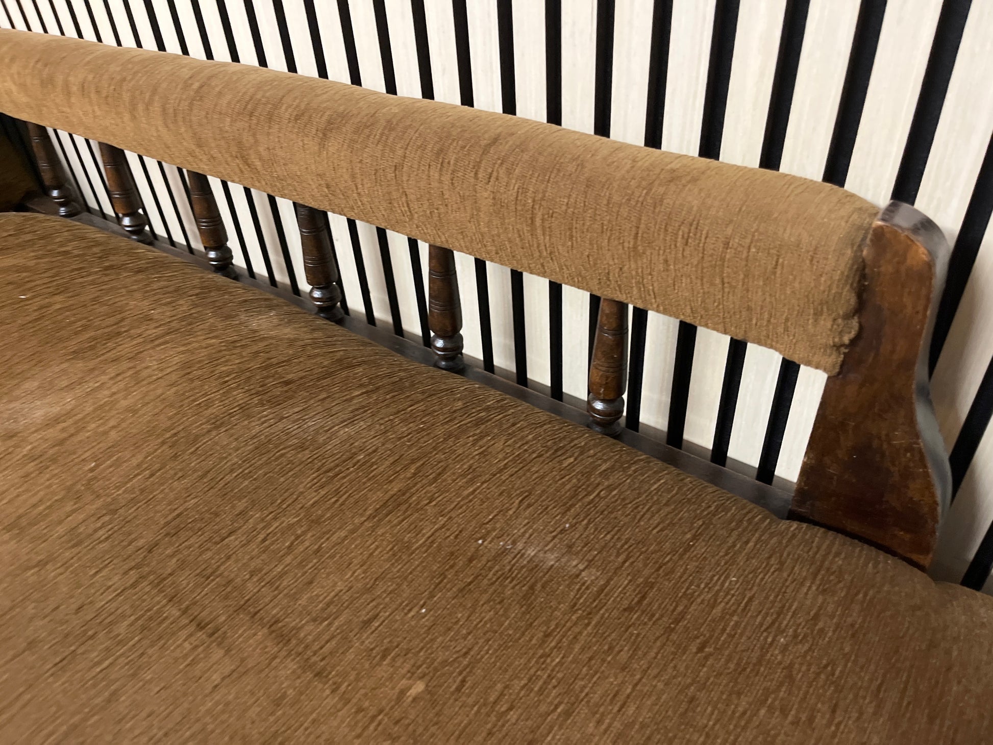 Brown fabric antique chaise lounge, solid wood frame 2325