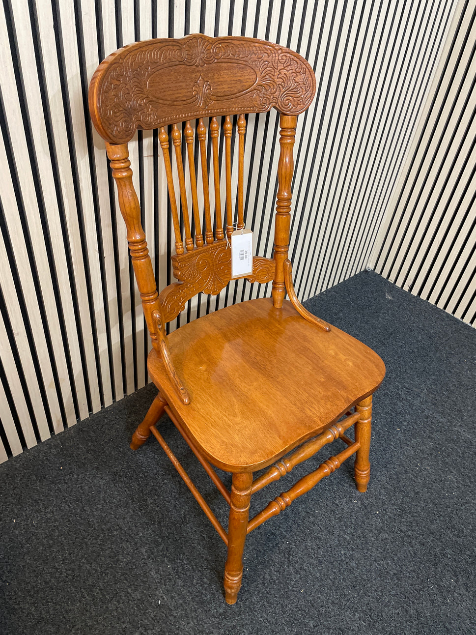 Ornate stained pine spindle back dining chair  1126