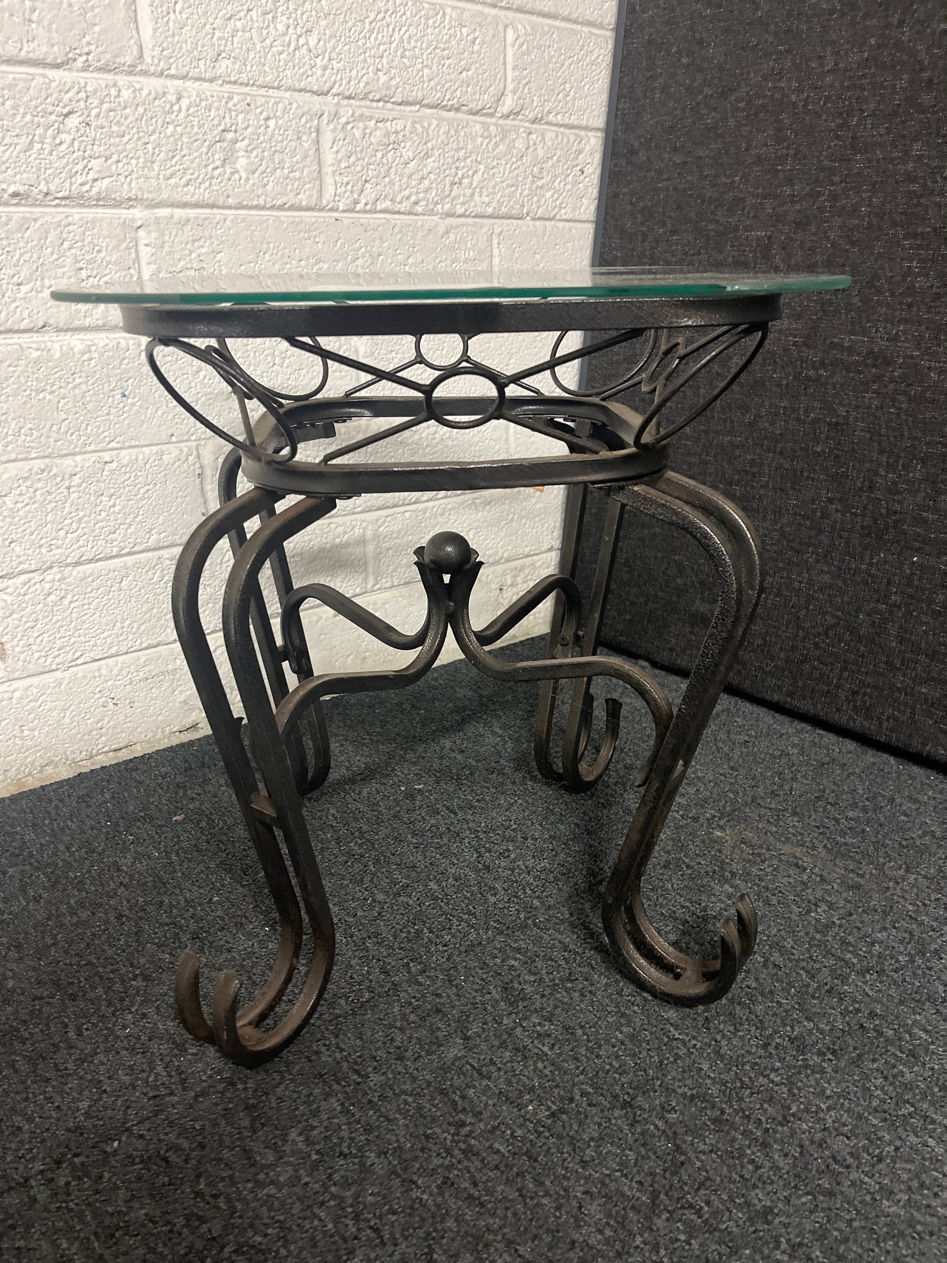 Small glass top coffee table with metal frame  1225