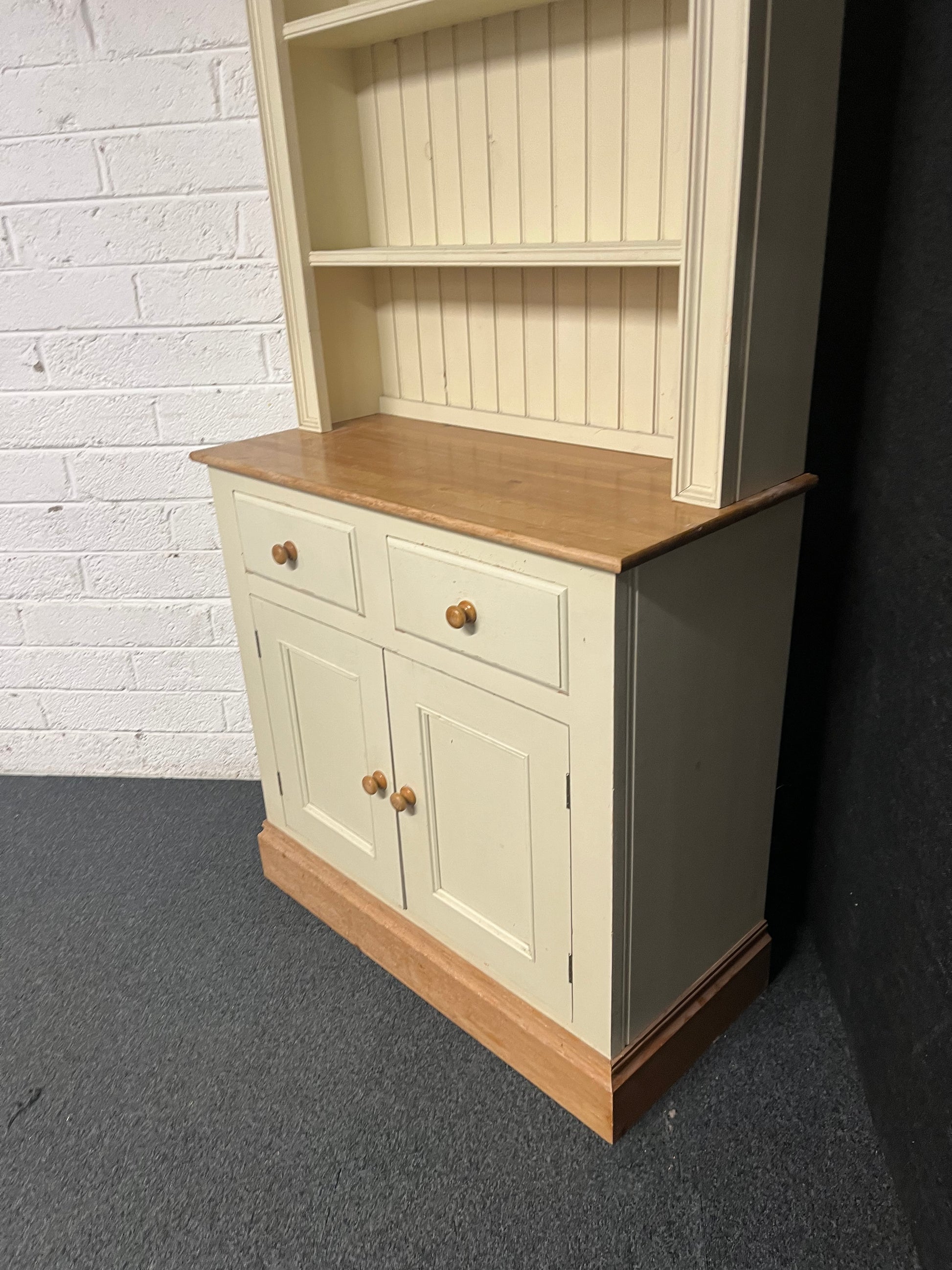 Tall cream painted and solid pine 2 door 2 drawer dresser with top open shelving  (H 200 x W 98 x 43 cm) 2225