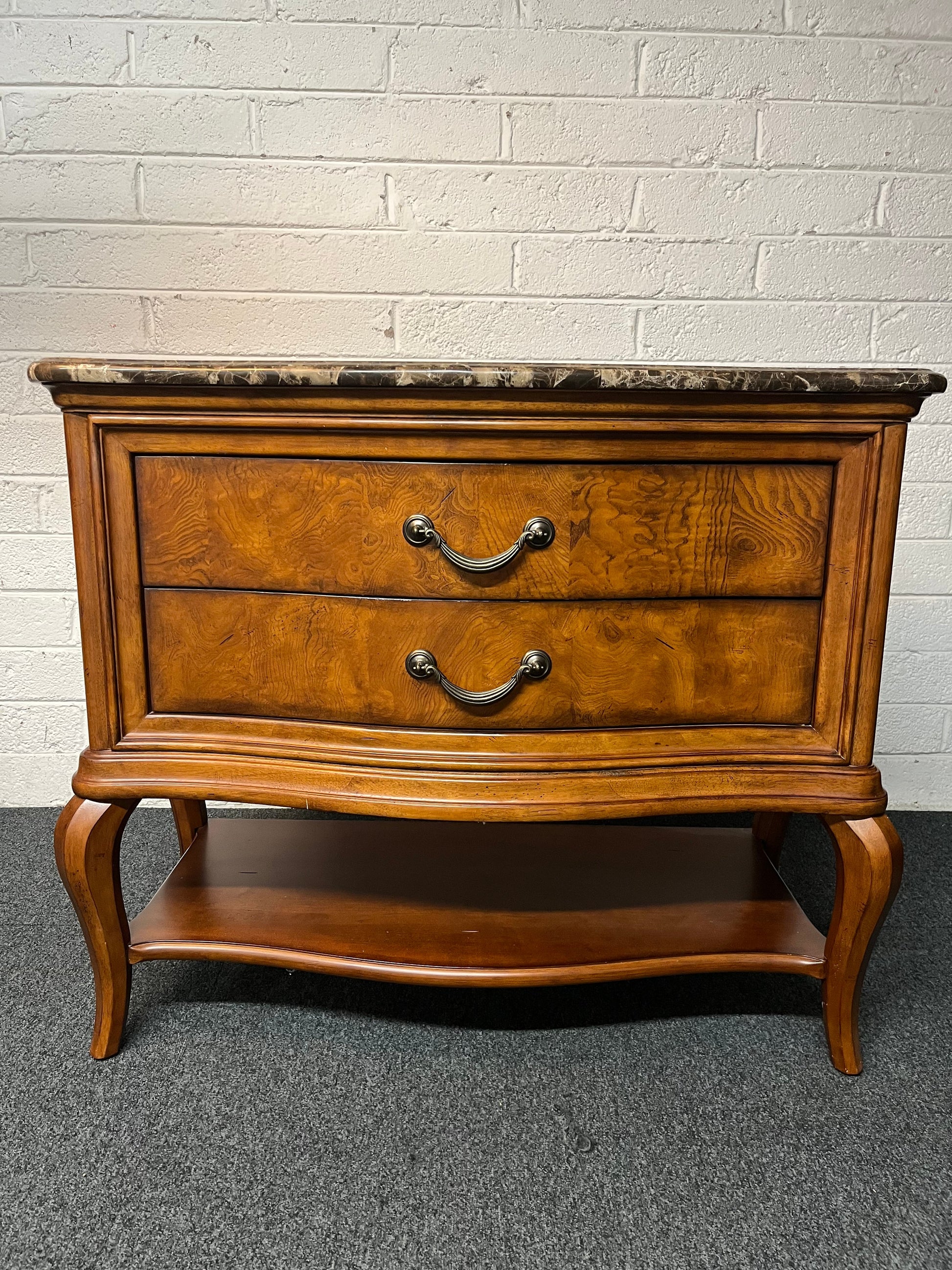 Solid mahogany stained large 2 drawer chest with green granite top and base shelf (H 88 x W 103 x D 51 cm) 2225