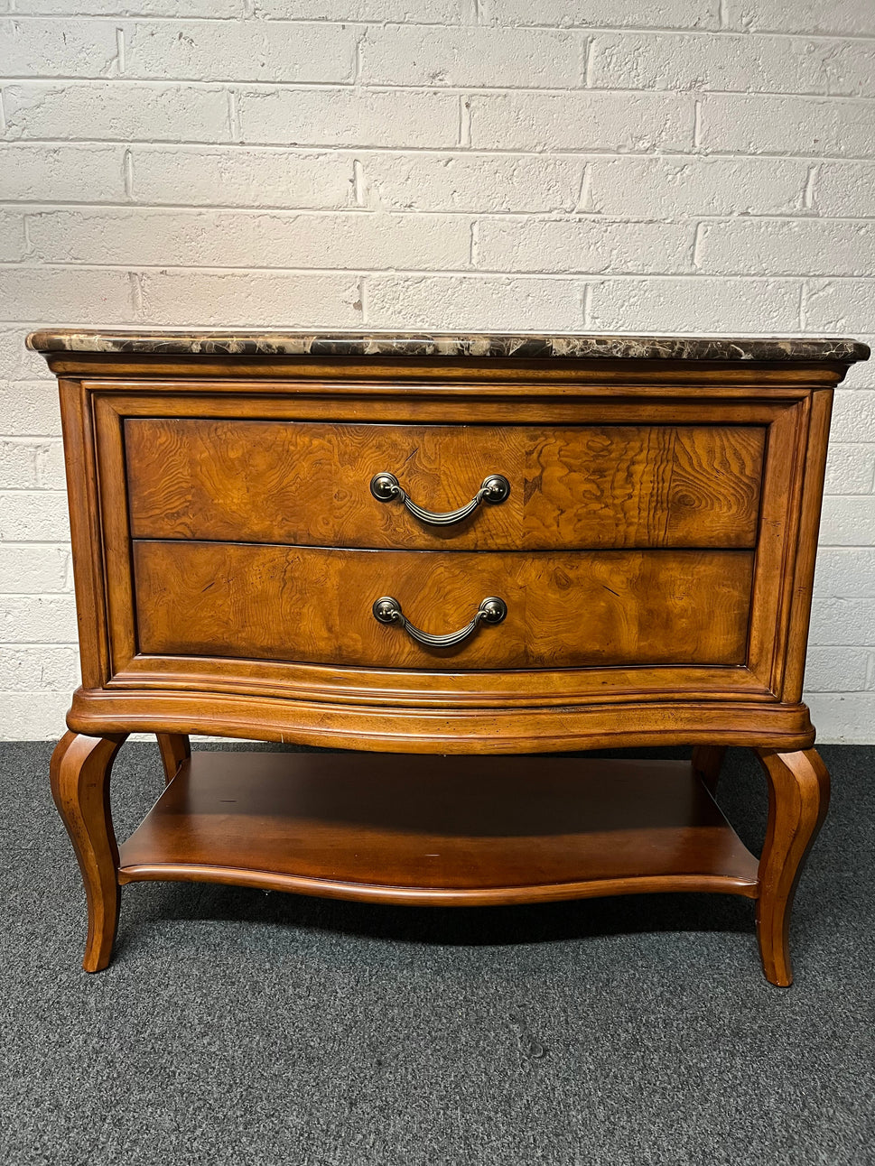Solid mahogany stained large 2 drawer chest with green granite top and base shelf (H 88 x W 103 x D 51 cm) 2225