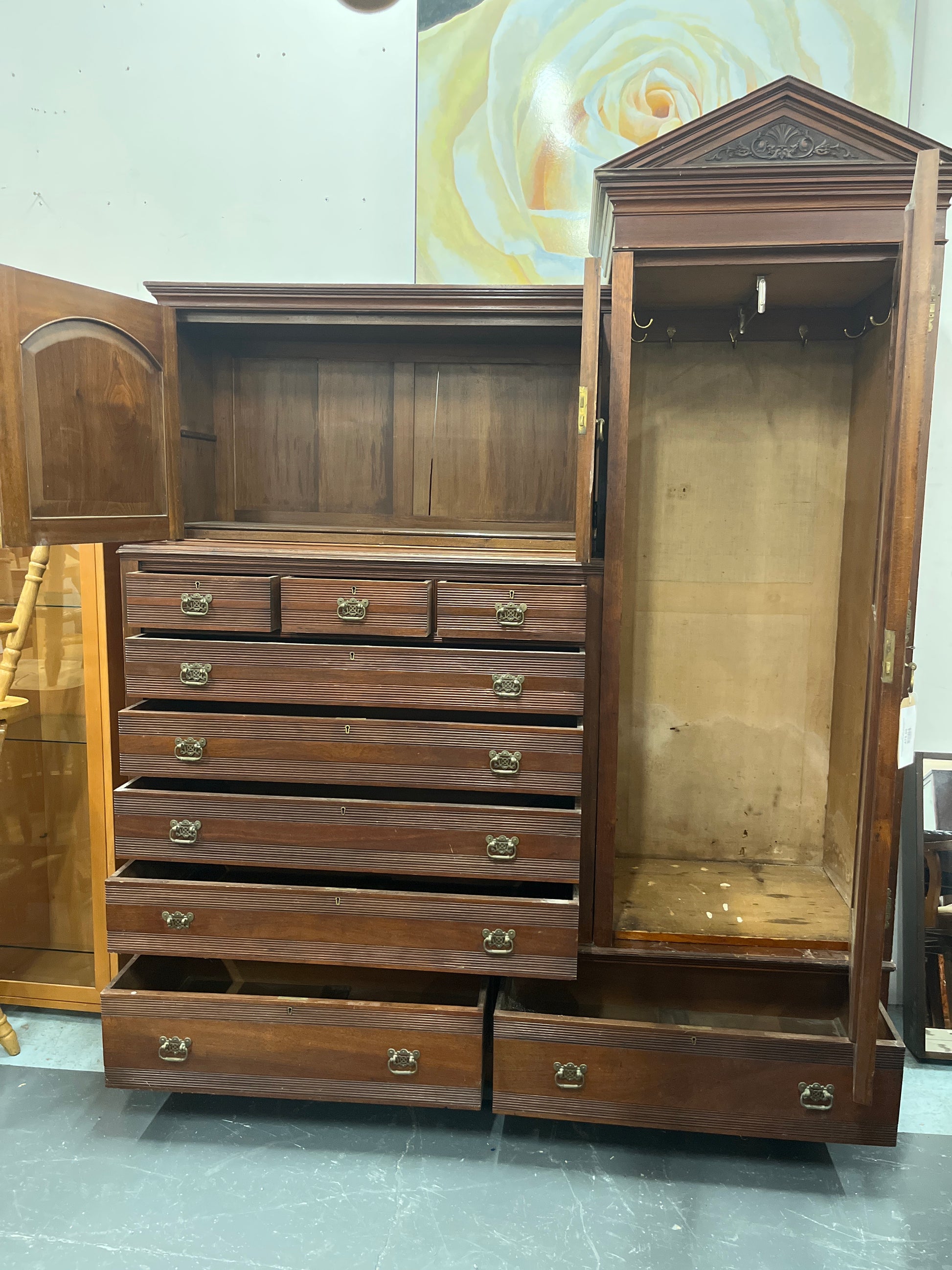 Ornate mahogany 9 drawer 2 door 1 glass door priest wardrobe (H 234 x W 192 x D 61 cm) 1325