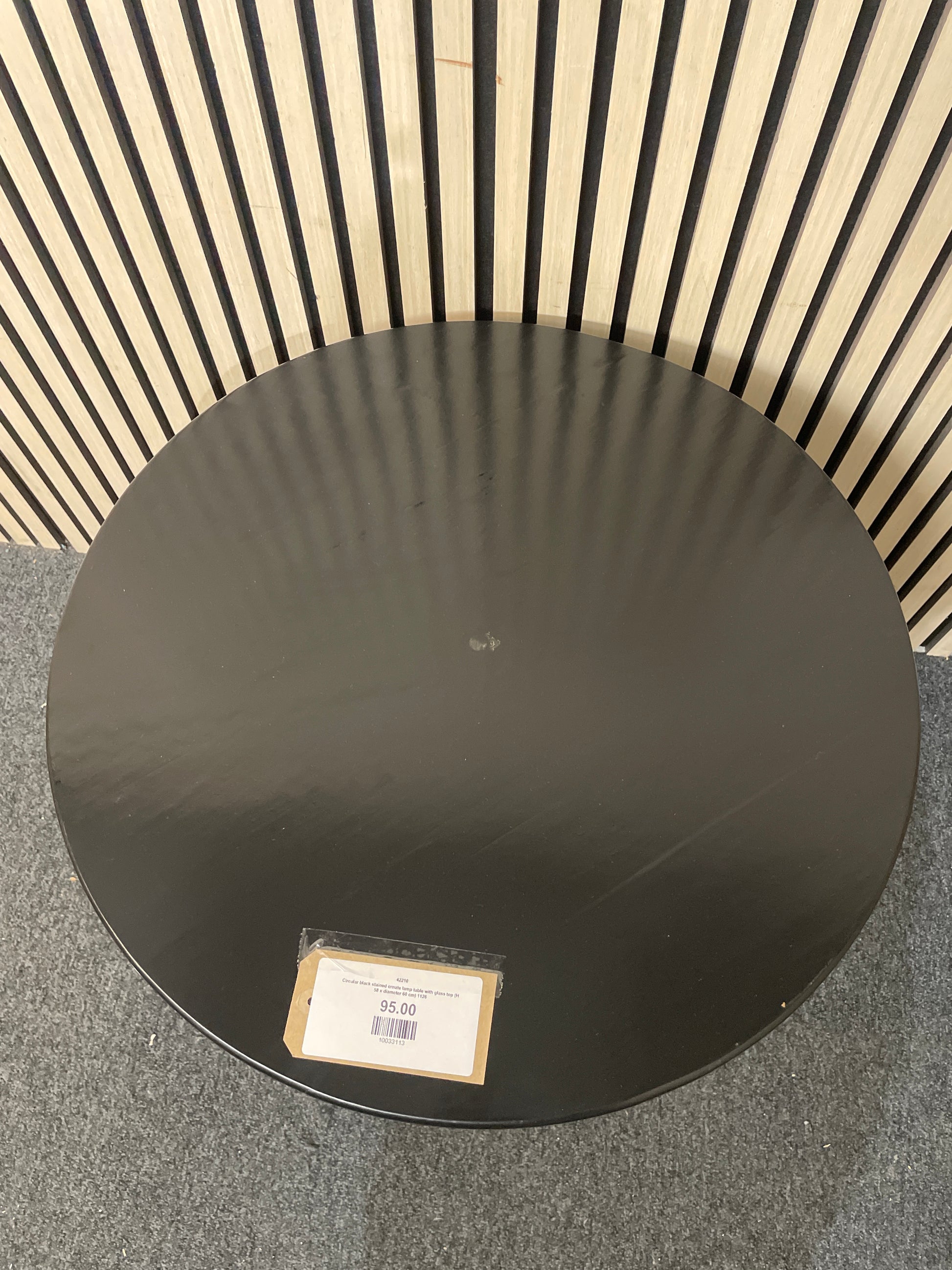Circular black stained ornate lamp table with glass top (H 58 x diameter 60 cm) 1126