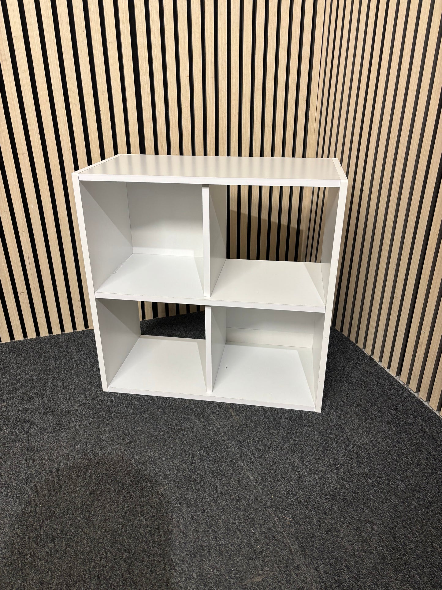 White wooden 4 section small open back box storage (H 60 x W 60 x D 29) 3126