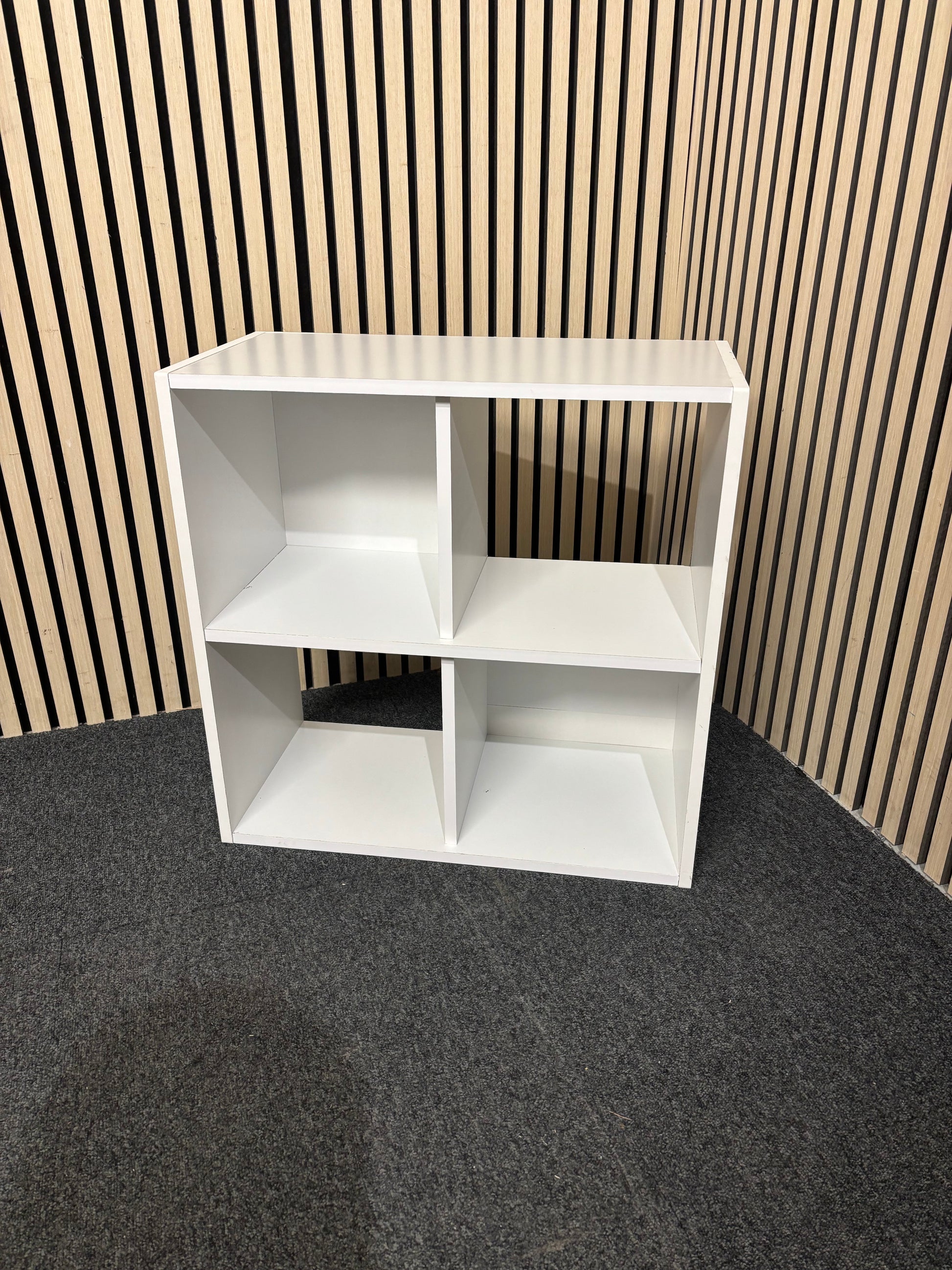 White wooden 4 section small open back box storage (H 60 x W 60 x D 29) 3126