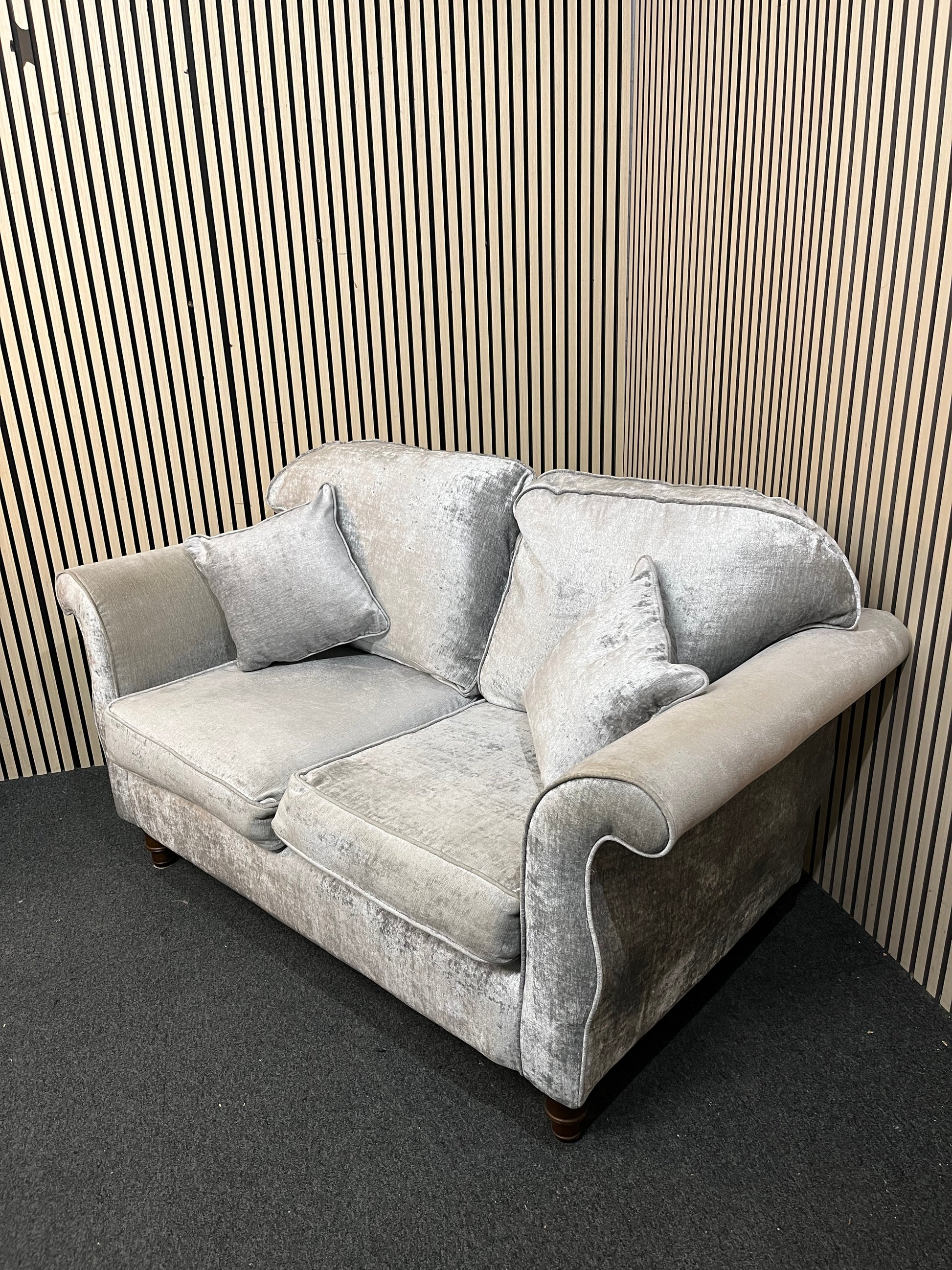 2 seater light grey fabric roll back sofa 3126