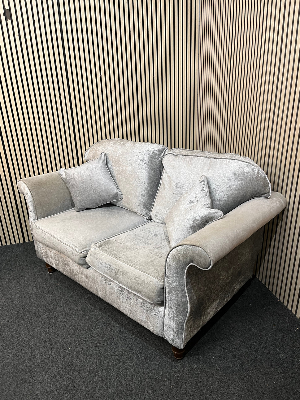 2 seater light grey fabric roll back sofa 3126