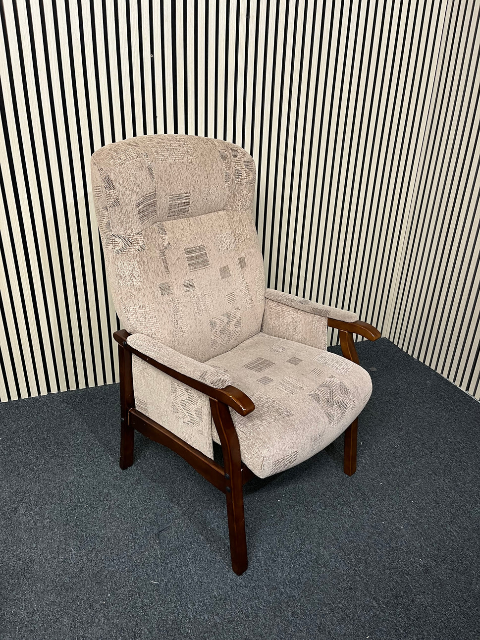 Cream fabric fireside armchair with solid darkwood frame 3325