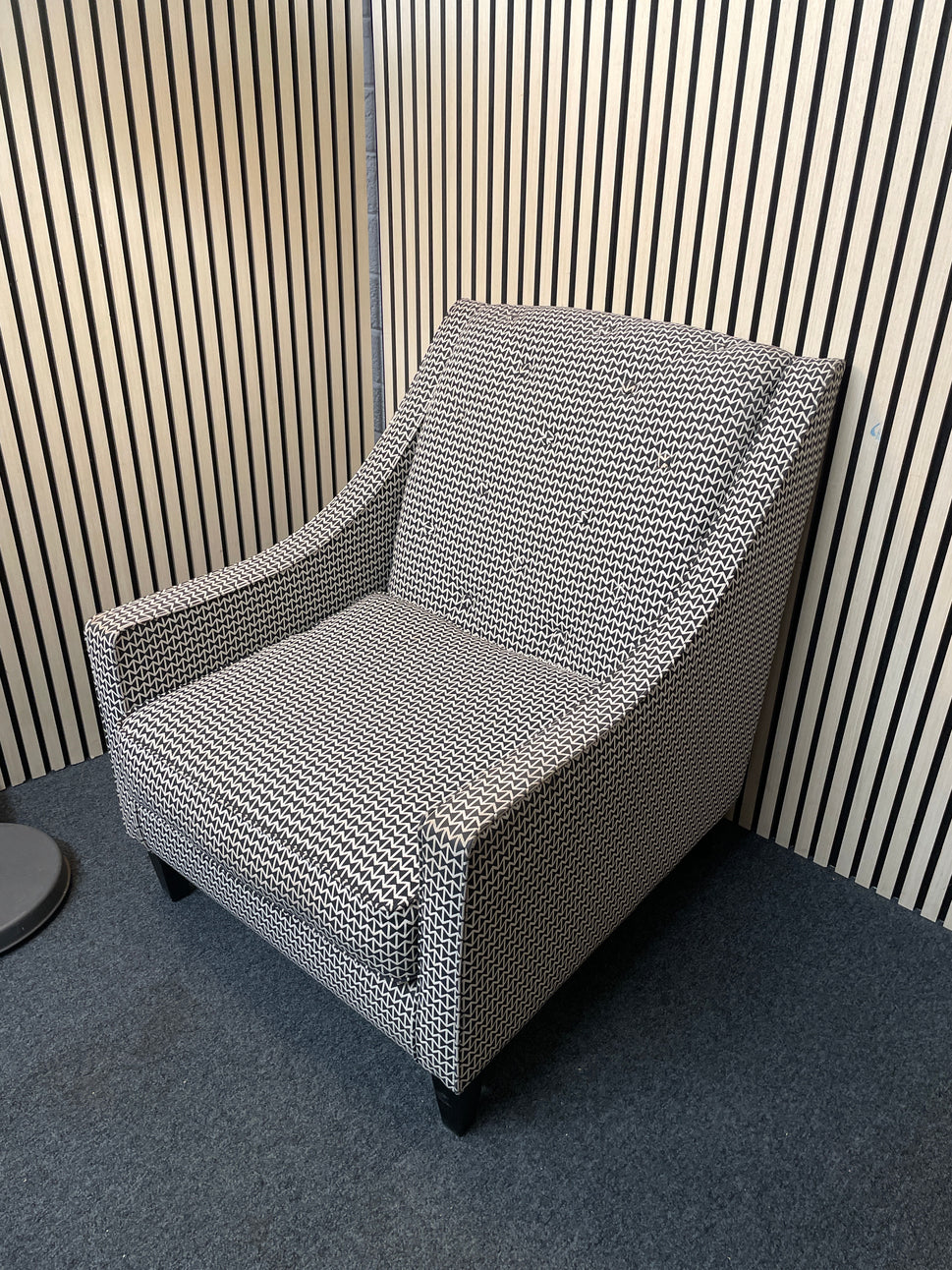 Large white and black patterned fabric highback armchair  3325