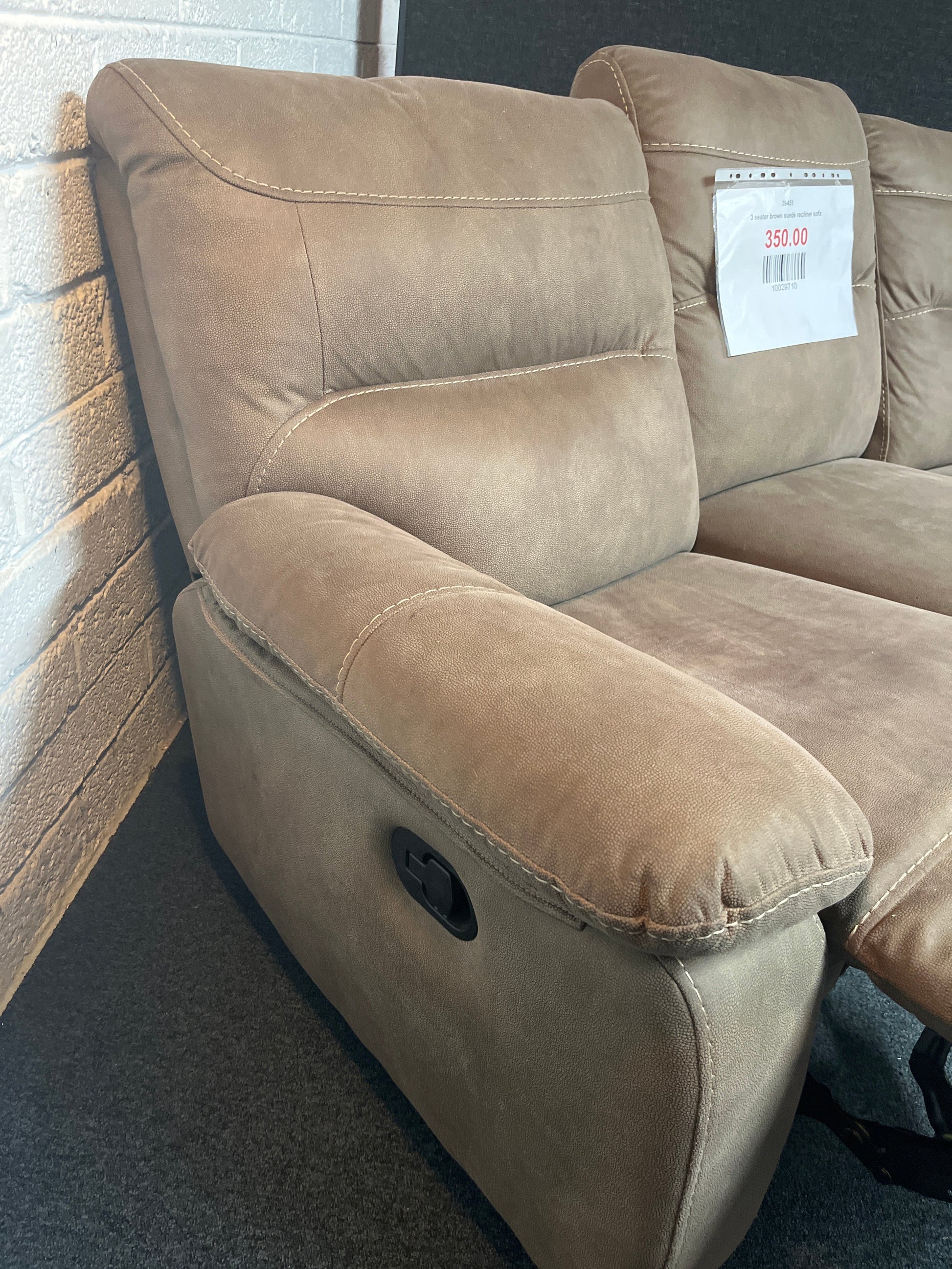 3 seater brown suede recliner sofa