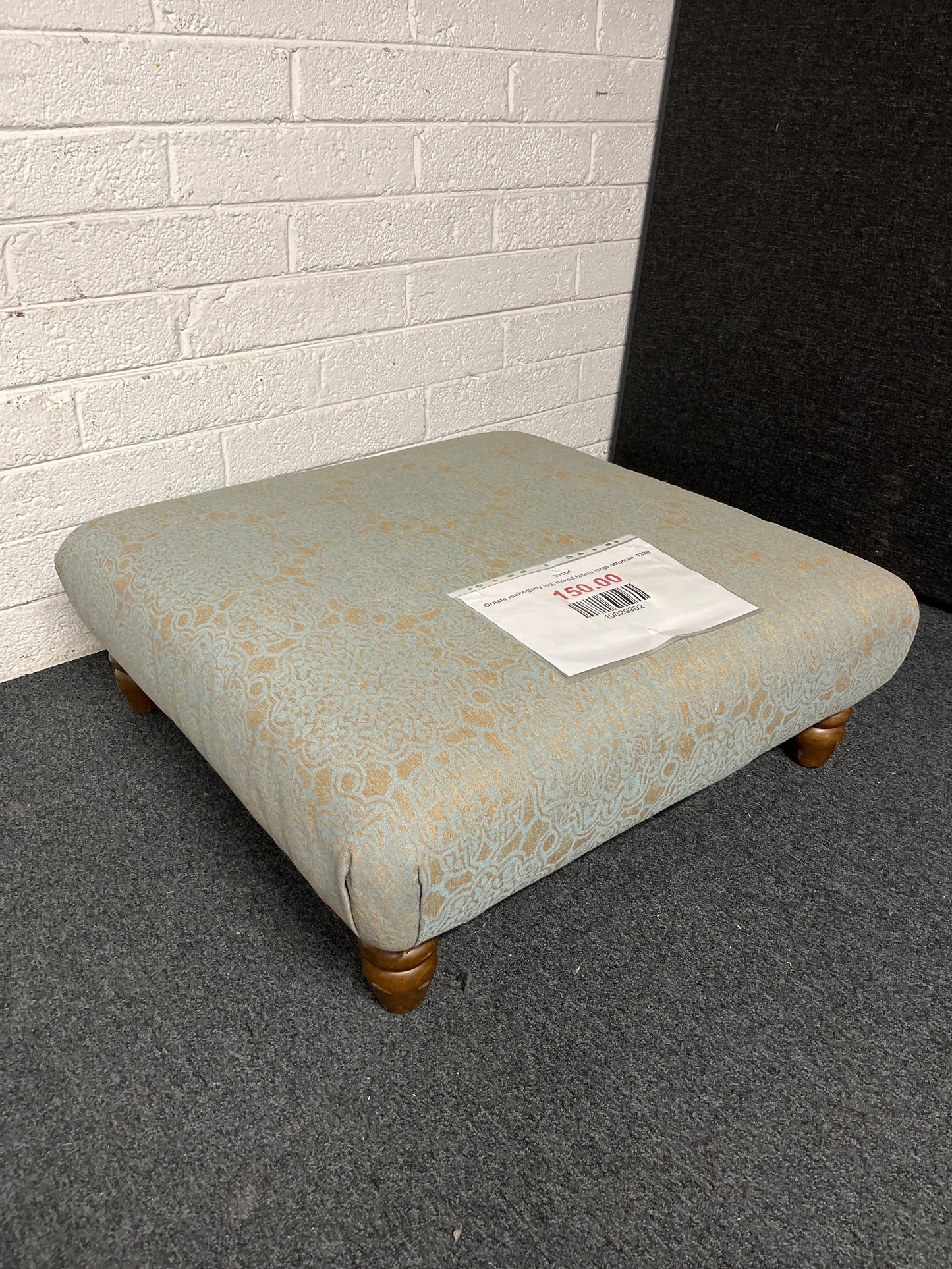 Ornate mahogany leg, mixed fabric large ottoman  1225