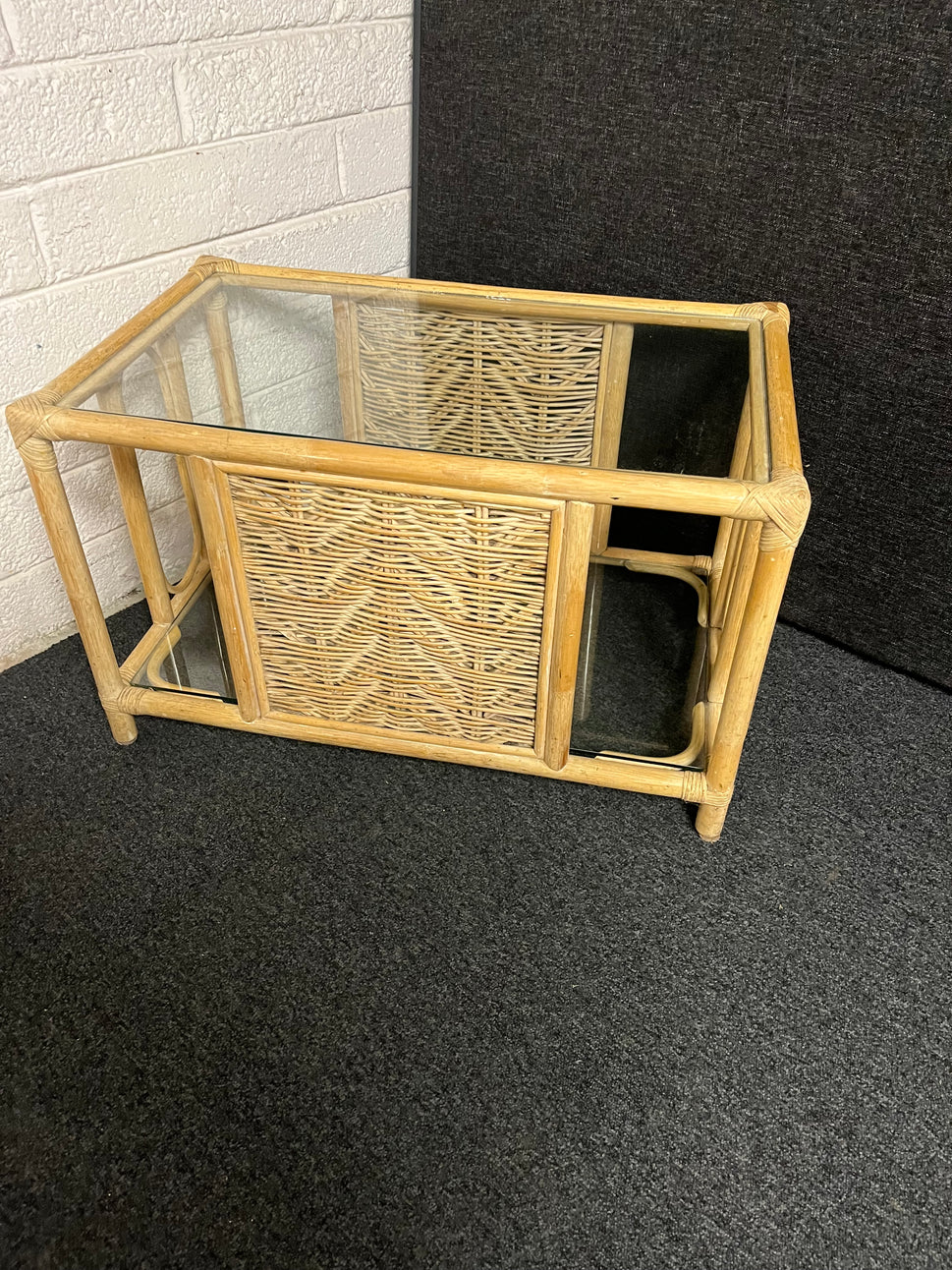 Large rectangular clear glass, wood frame coffee table  1225