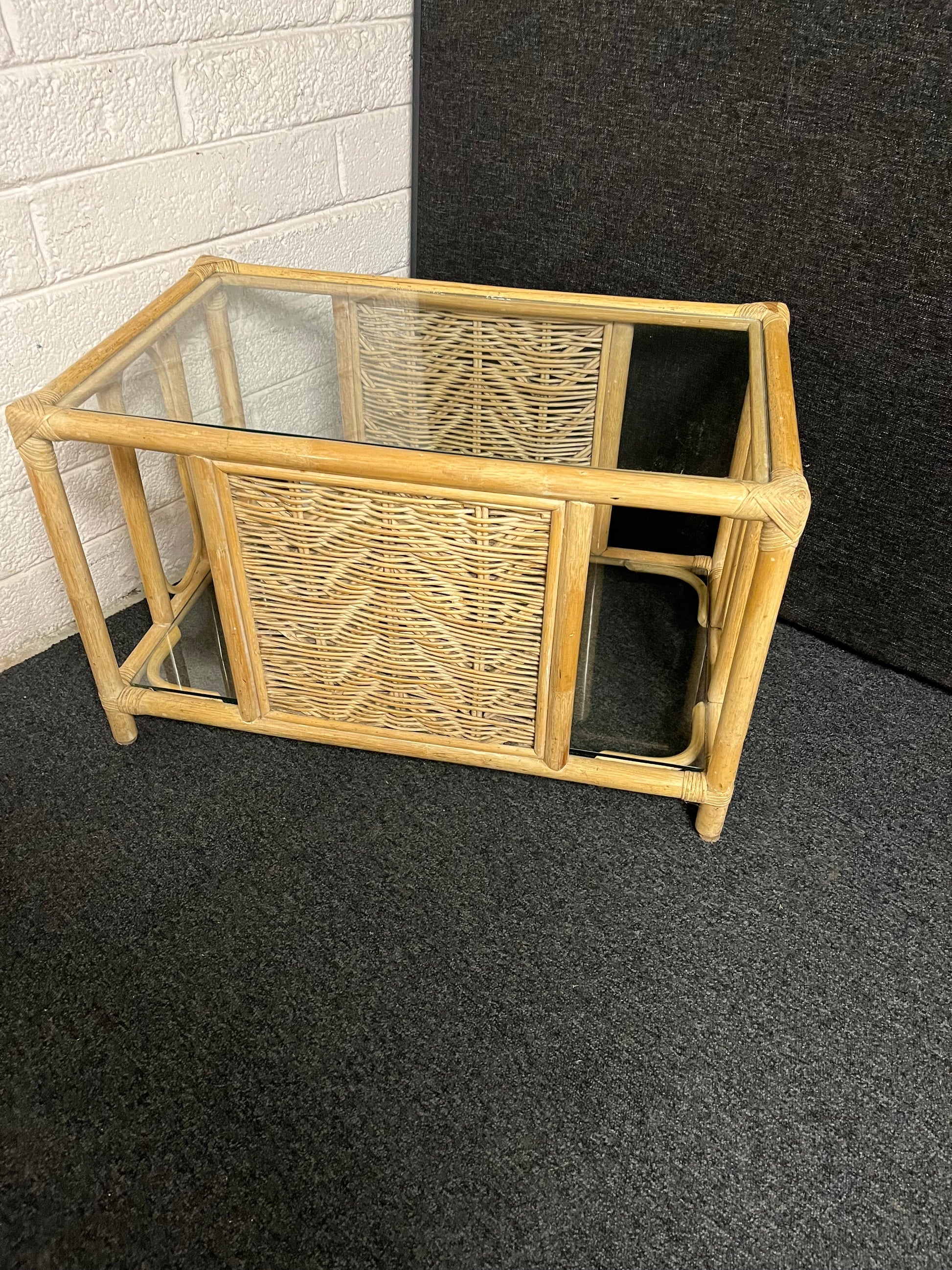 Large rectangular clear glass, wood frame coffee table  1225