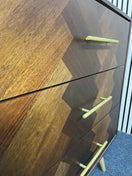 Mid-century style wooden chest with chevron pattern and brass handles. (H 86 x W 135 x D 42 cm)  44574