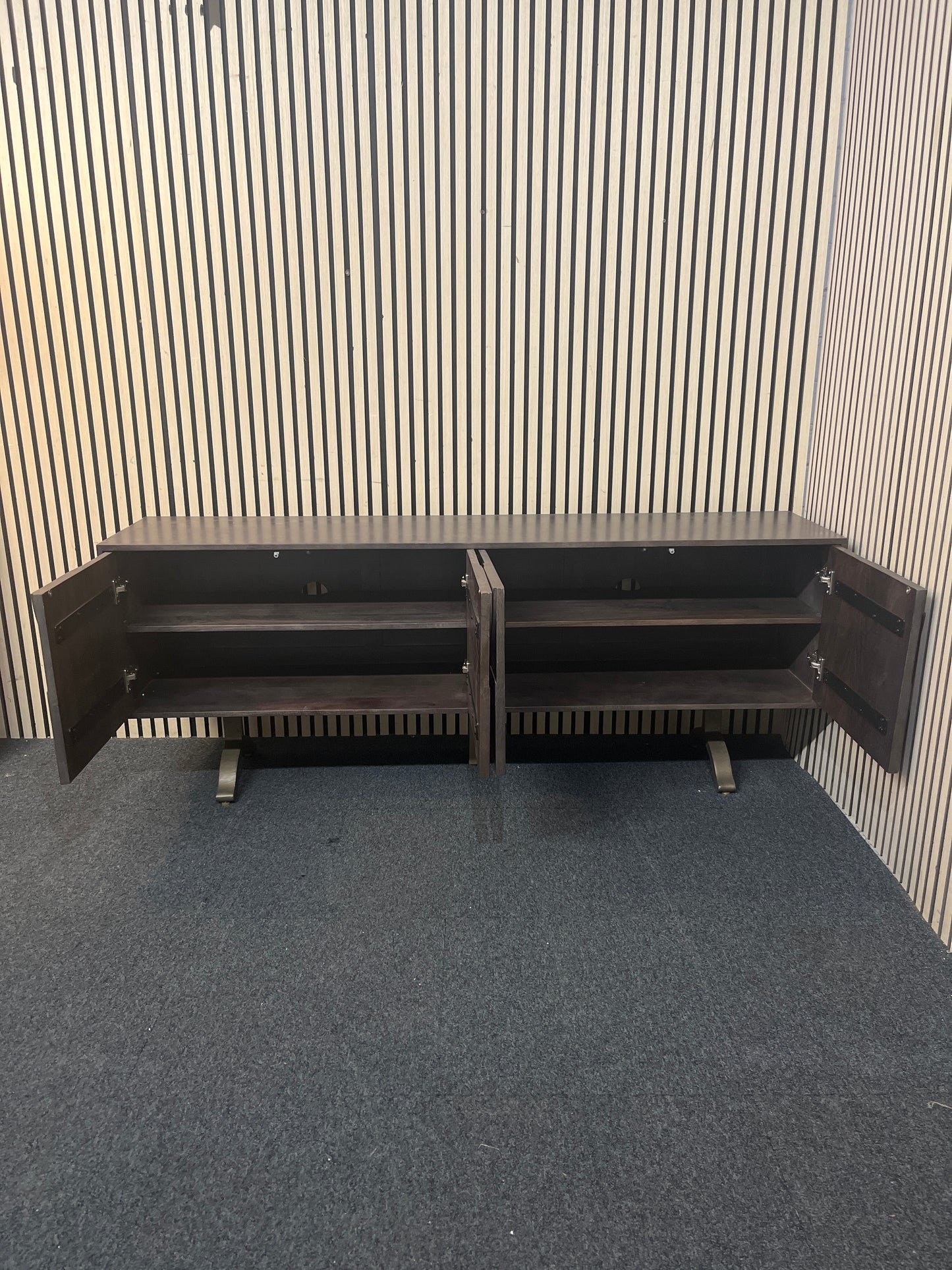 Solid dark teak stained low ornate 4 door sideboard 180Lx40Dx70H 43534
