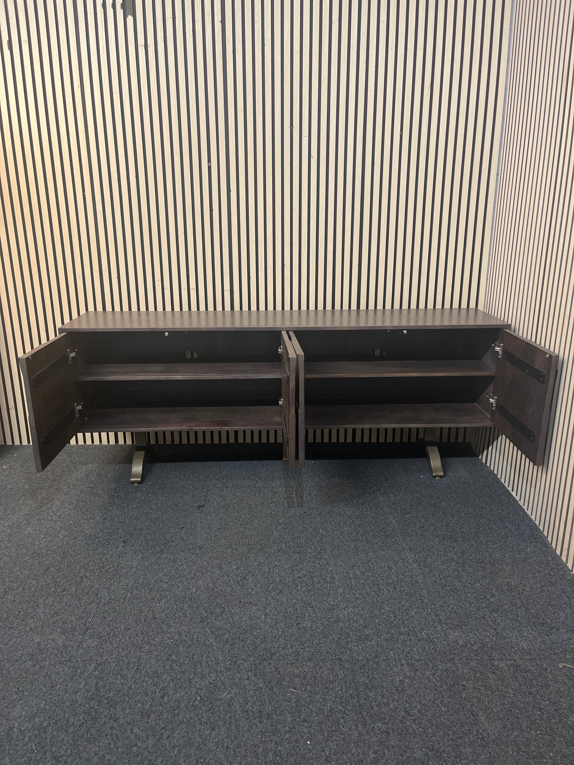 Solid dark teak stained low ornate 4 door sideboard 180Lx40Dx70H 43534