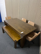 Switch Large solid dark wood stained rectangular dining table with matching bench and 4 no. tripod base salmon leather seats 1325 2 image