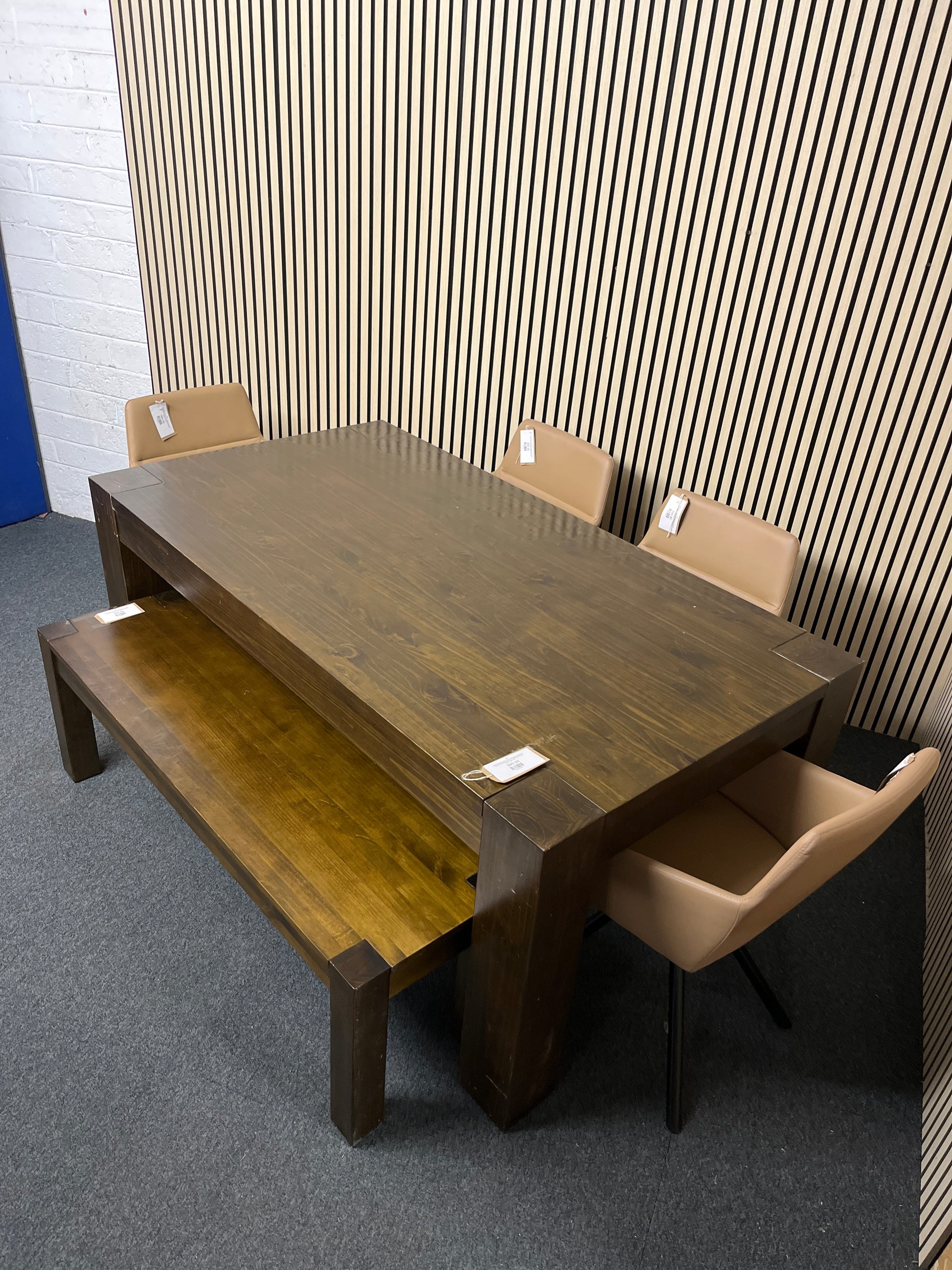 Large solid dark wood stained rectangular dining table with matching bench and 4 no. tripod base salmon leather seats 1325