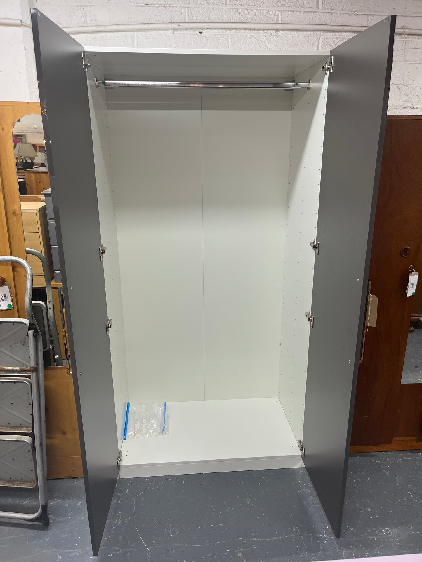 Tall 2 door grey gloss white laminate frame wardrobe (H 201 x W 100 x D 59 cm) 3225