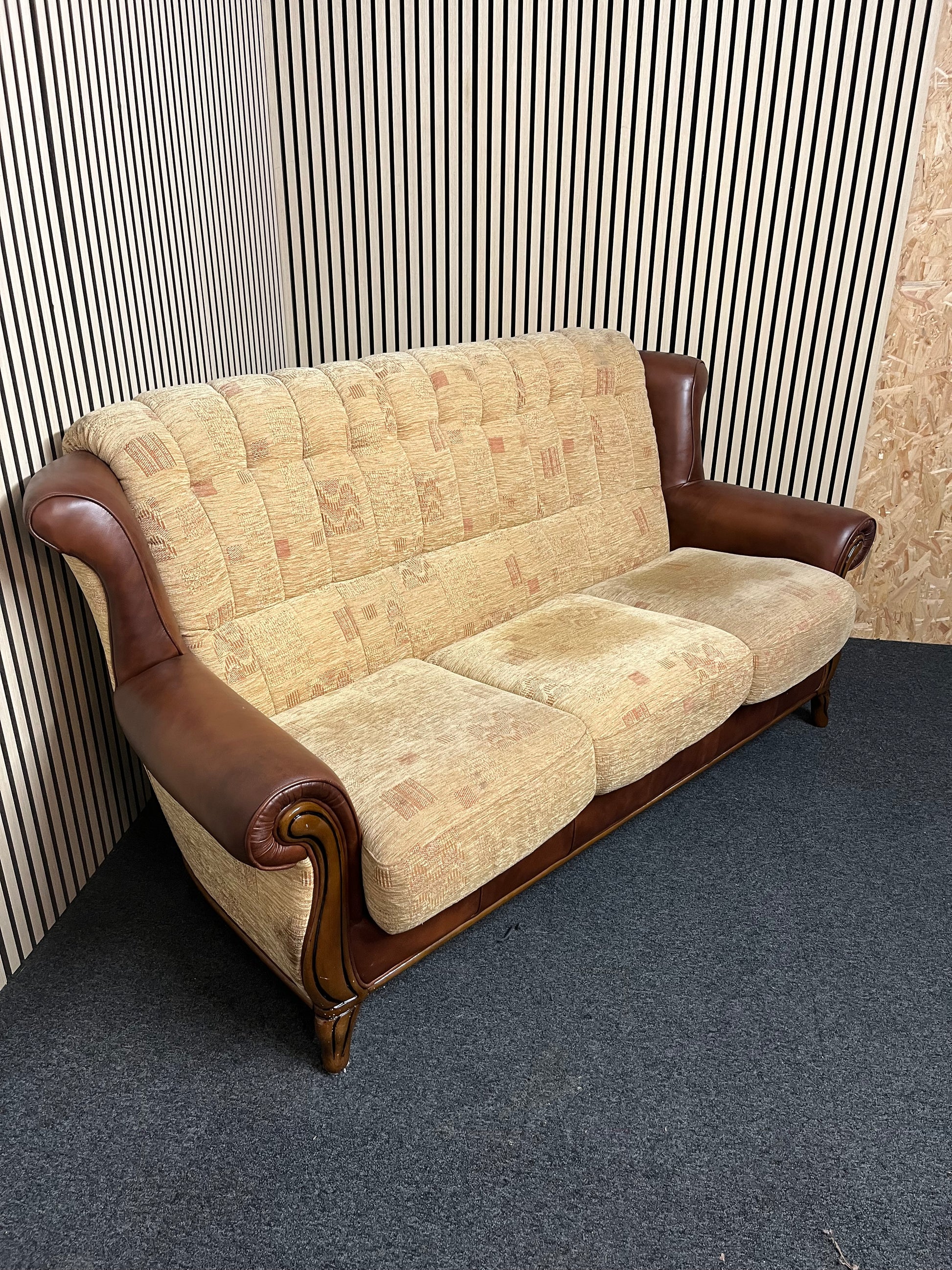 3+1+1 solid wood frame, high back brown leather suite with brown mix fabric cushions and backs
