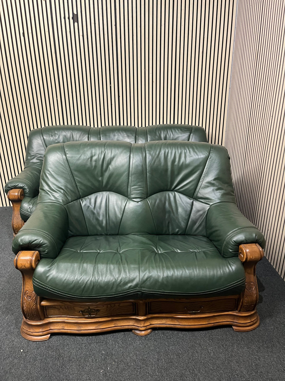 3+2+1 Dark green leather, solid oak framed sofa suite with base drawers  44385