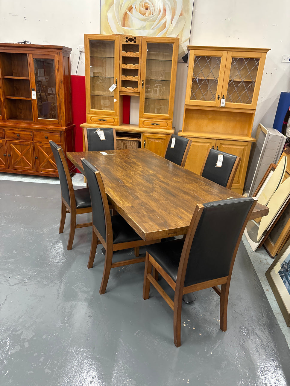 Oak solid oak stained large dining table with tripod black metal frame  2125