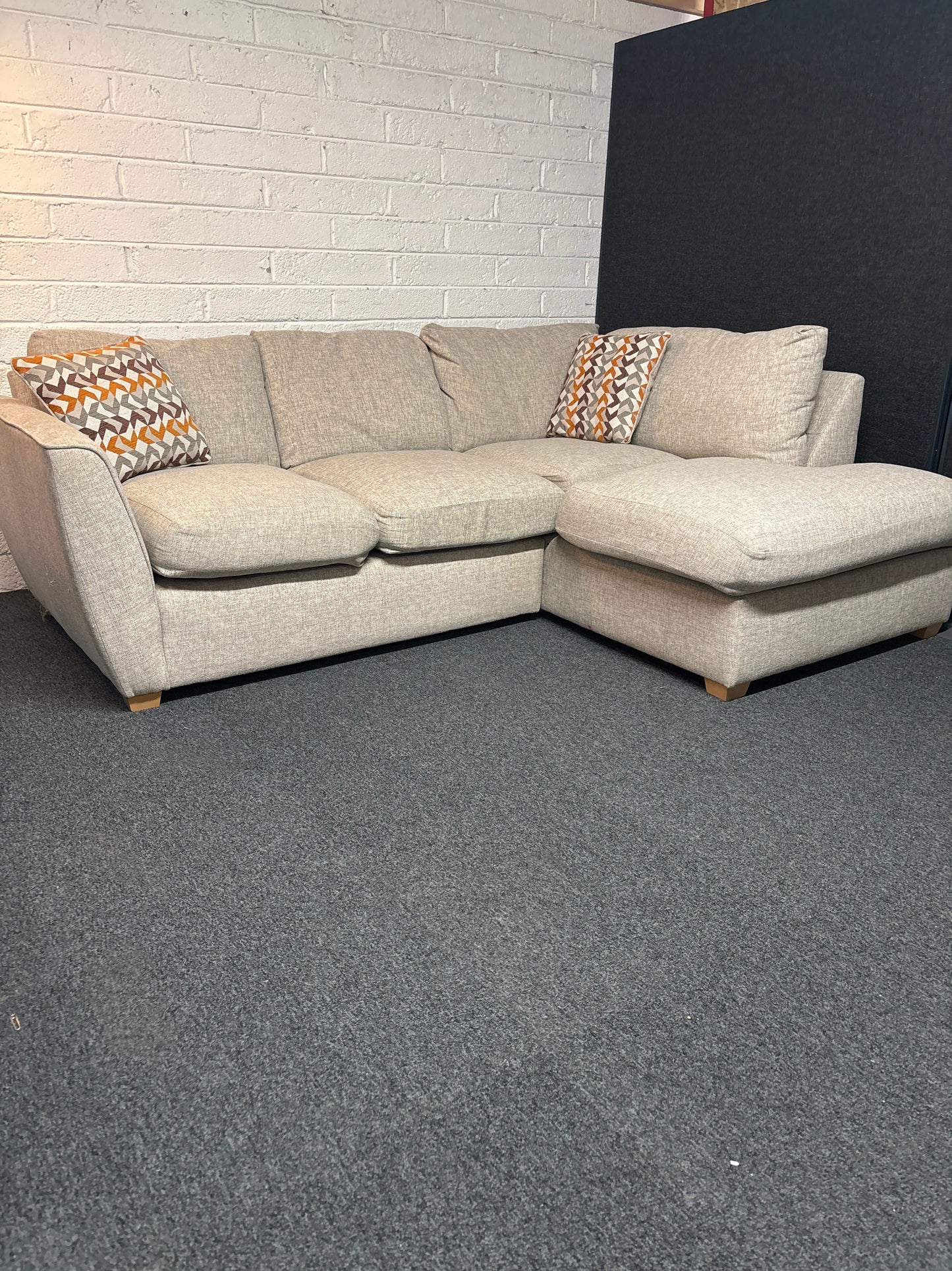 Large sectional oatmeal fabric corner sofa suite 2300L x 930D x 1600L on return section 2225