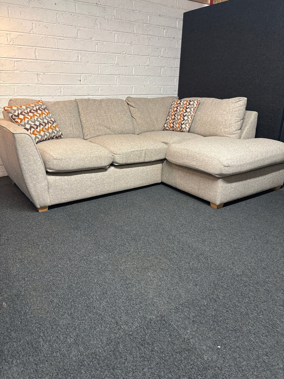 Large sectional oatmeal fabric corner sofa suite 2300L x 930D x 1600L on return section 2225