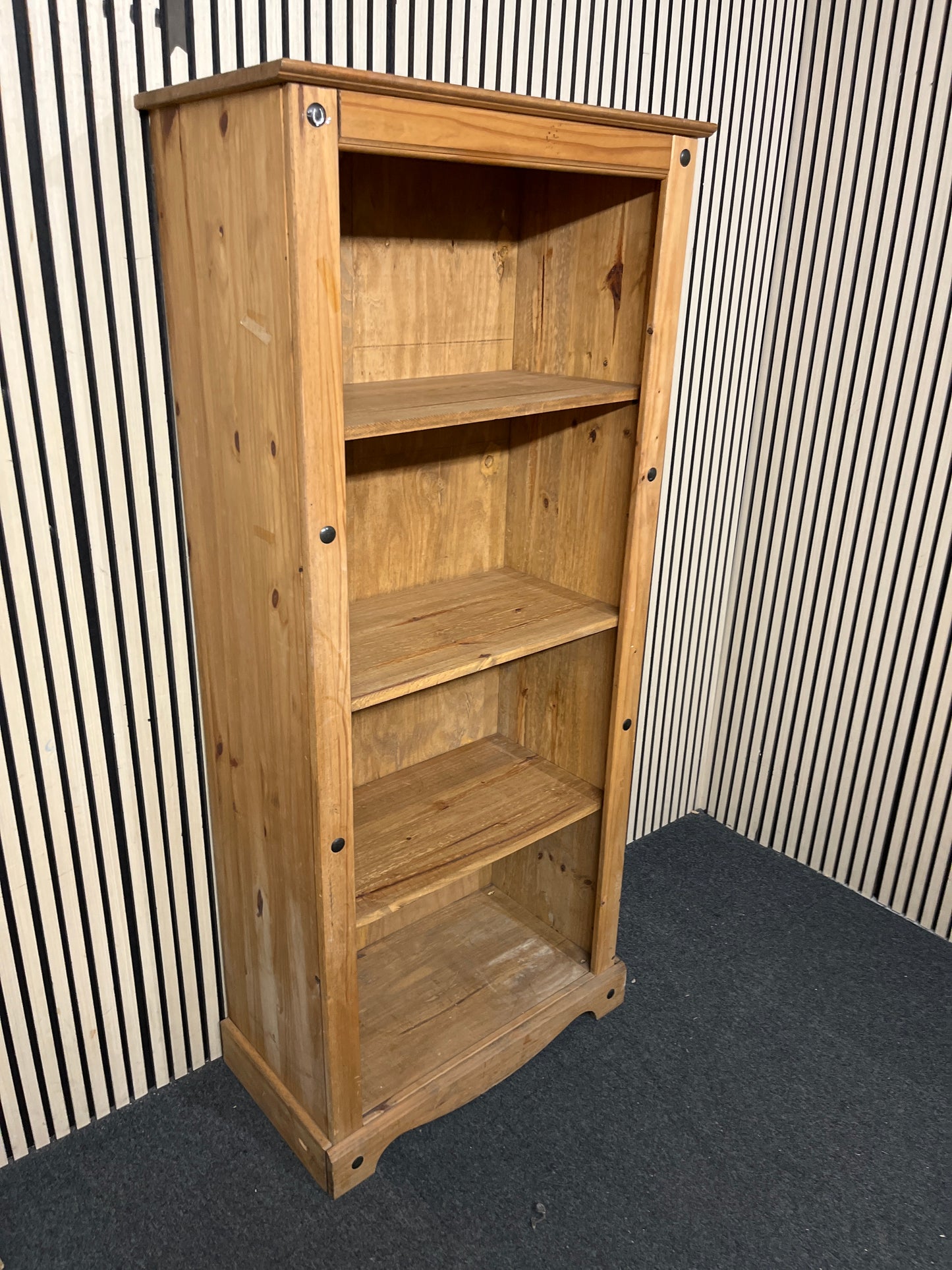 Rustic pine bookcase frame with black stud details, 184 83 43  44147