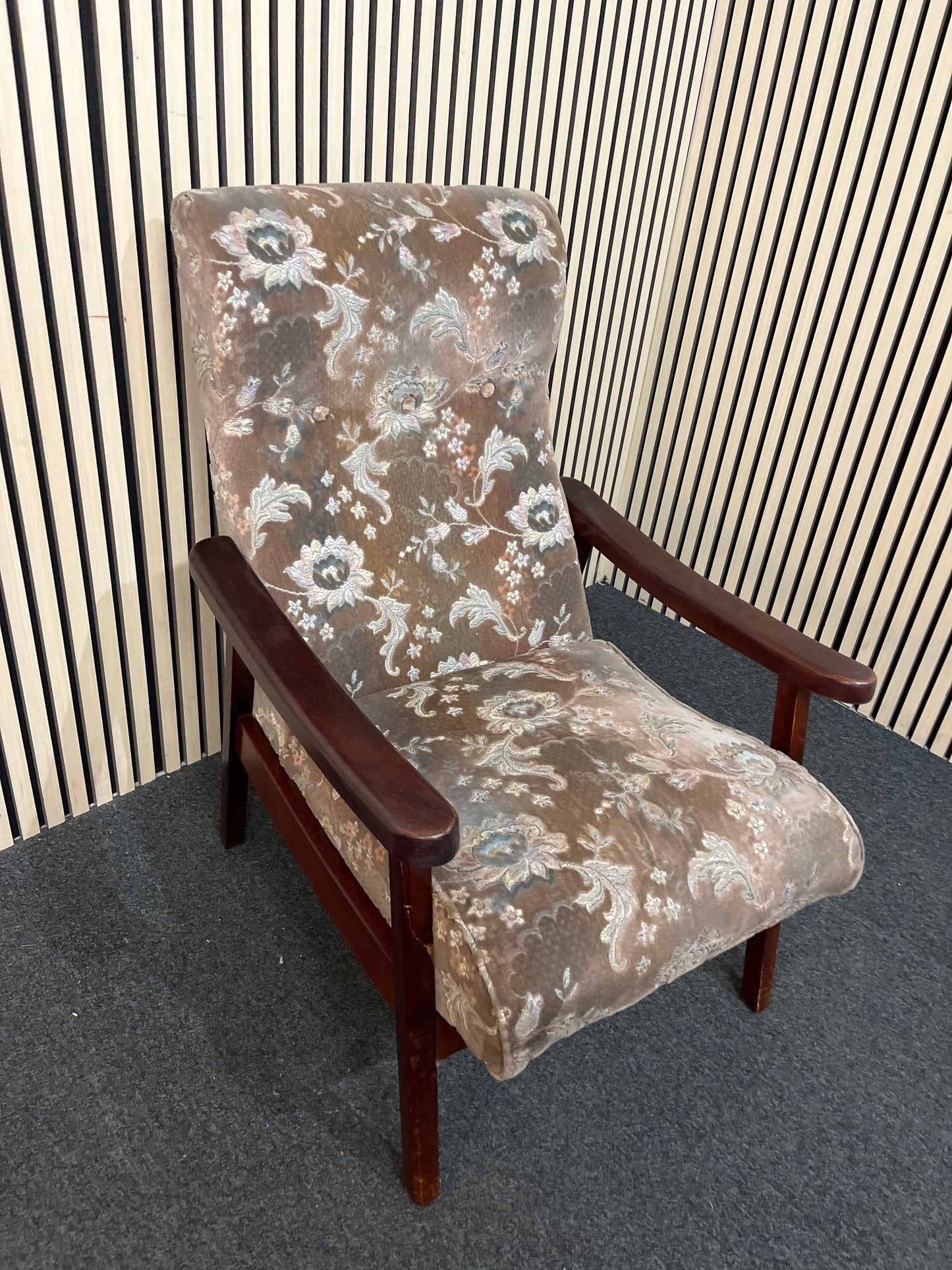 Low Fireside fabric chair with fabric and dark wood arms 2425