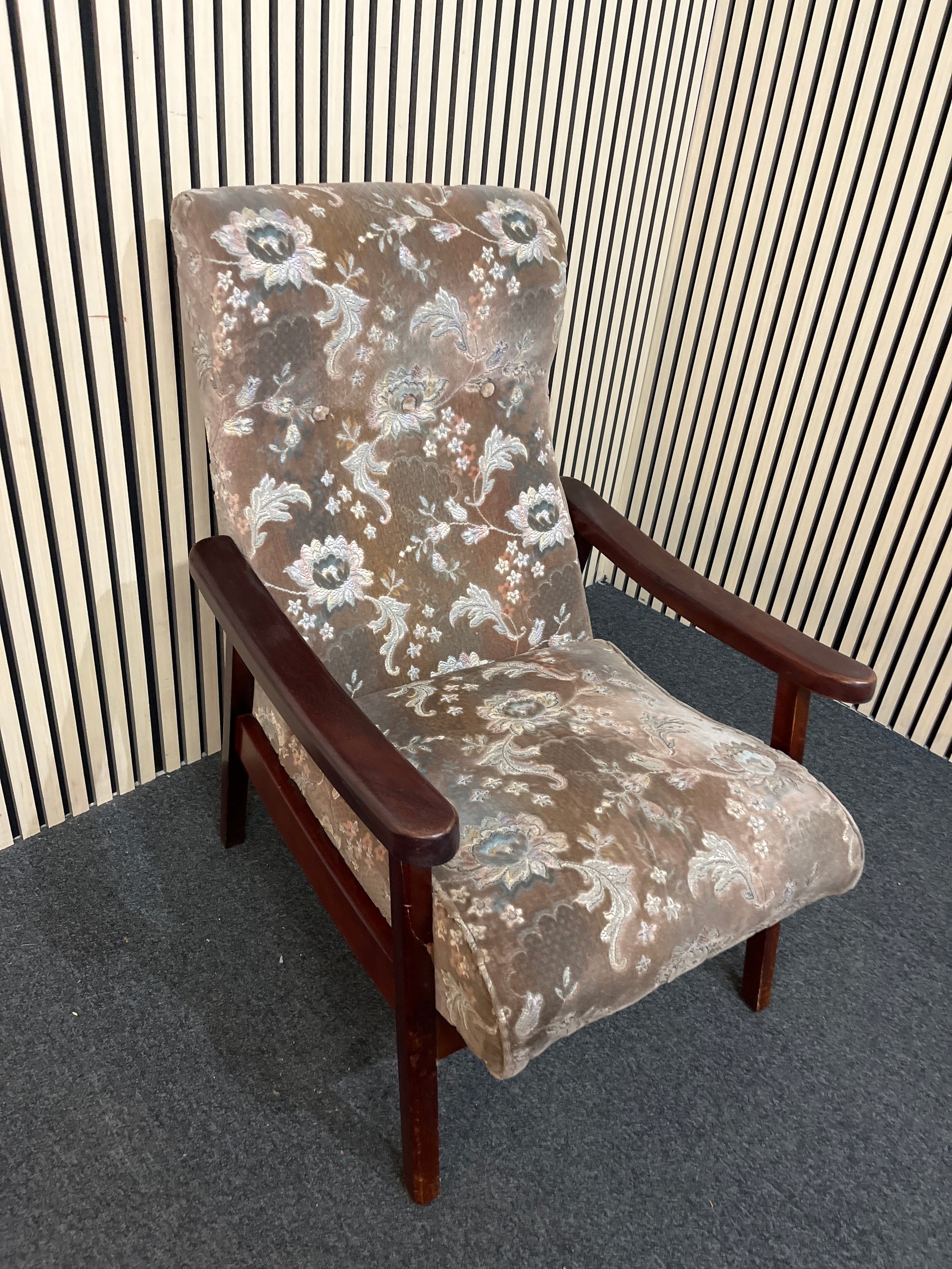 Low Fireside fabric chair with fabric and dark wood arms 2425