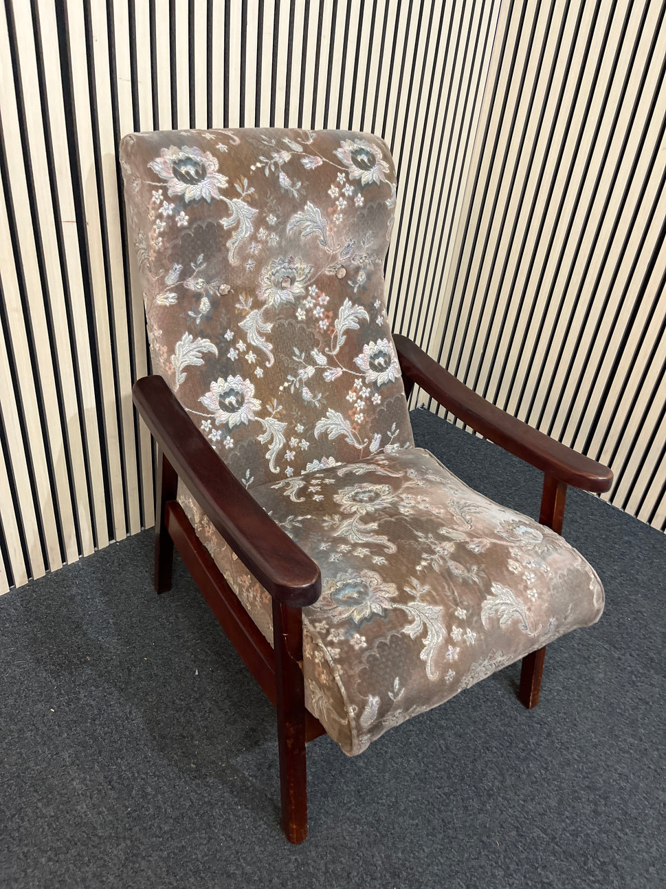 Low Fireside fabric chair with fabric and dark wood arms 2425