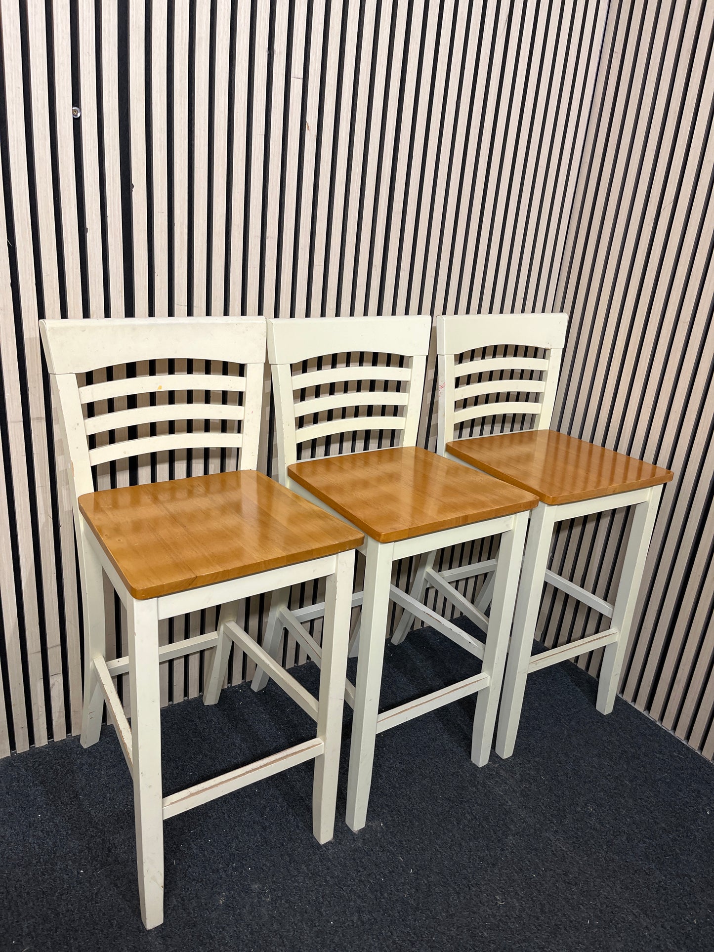 Set of 3 no. Tall solid wood cream painted, natural wood seat bar stool with slatted back  43578