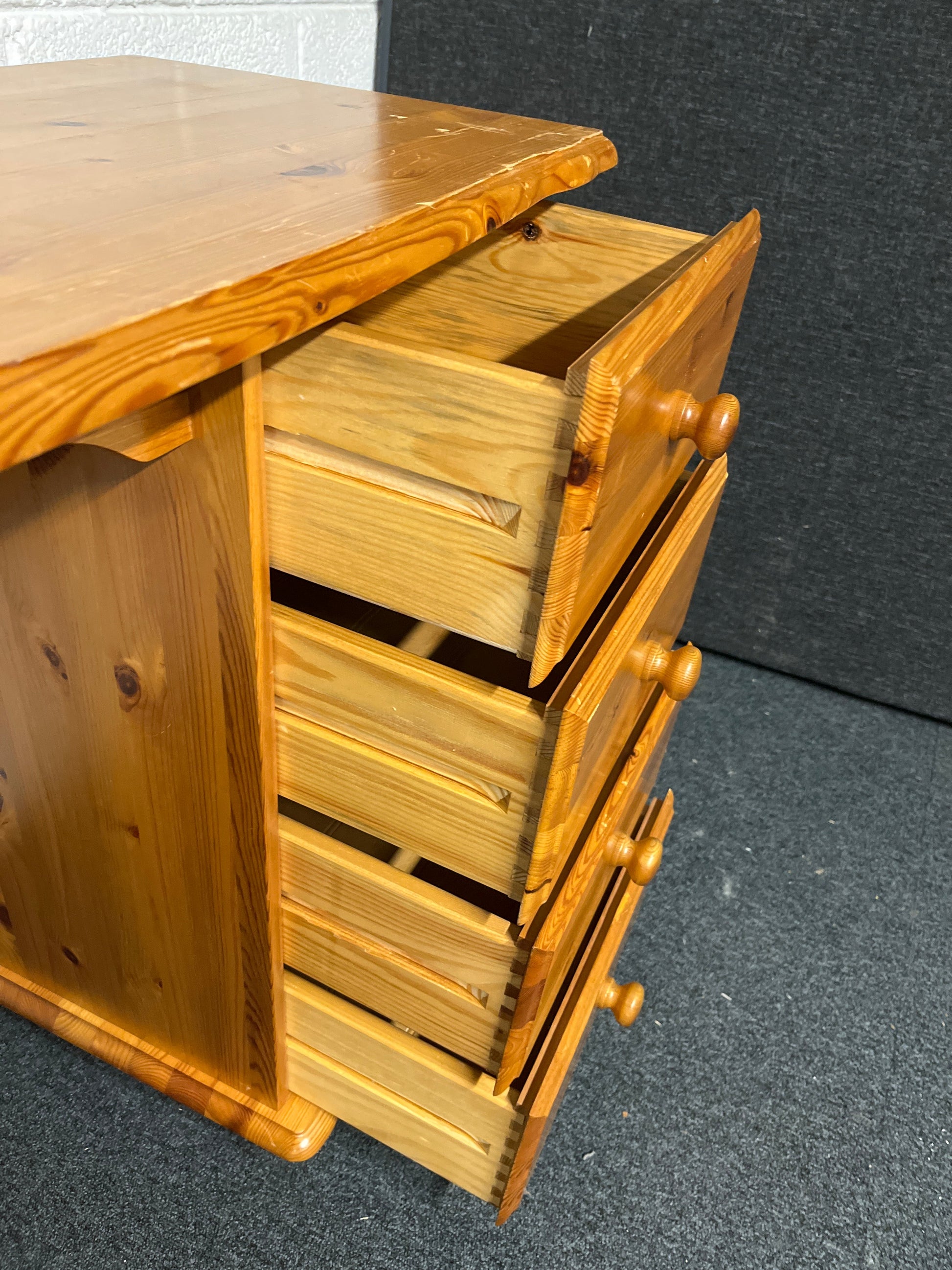 Solid pine 3 drawer bedroom desk, dresser, scratch top  1225