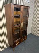 Dark wood cabinet with glass doors and herringbone patterned drawers (H 186 x W 90 x D 42 cm)  44573
