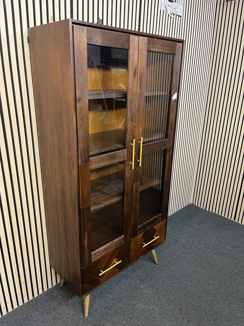 Dark wood cabinet with glass doors and herringbone patterned drawers (H 186 x W 90 x D 42 cm)  44573