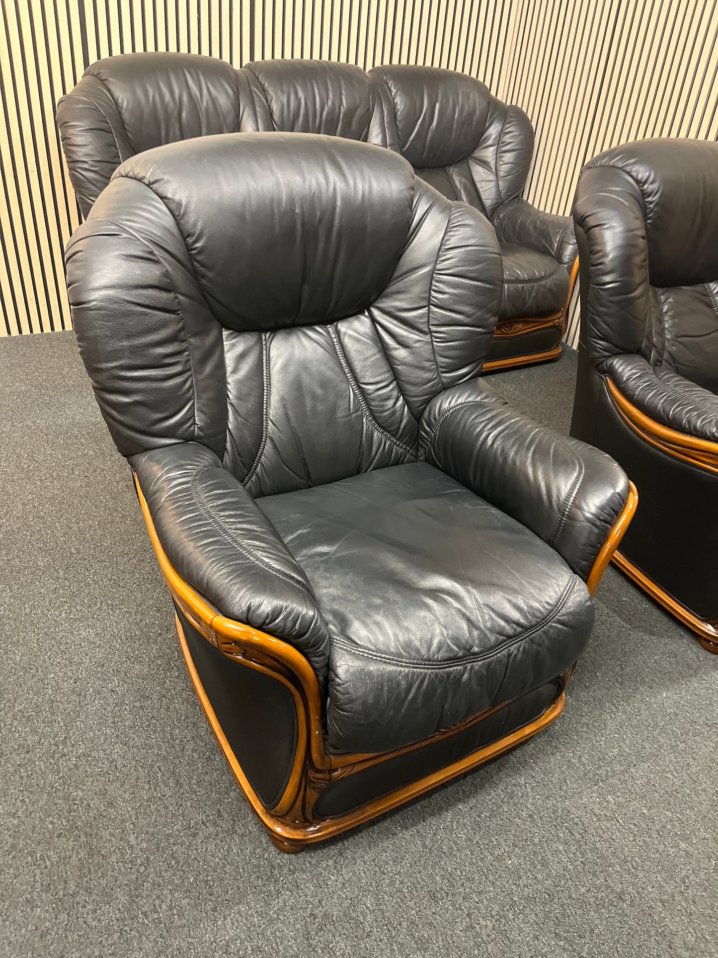 3+1+1 high back black leather suite with wood trim frame  43449