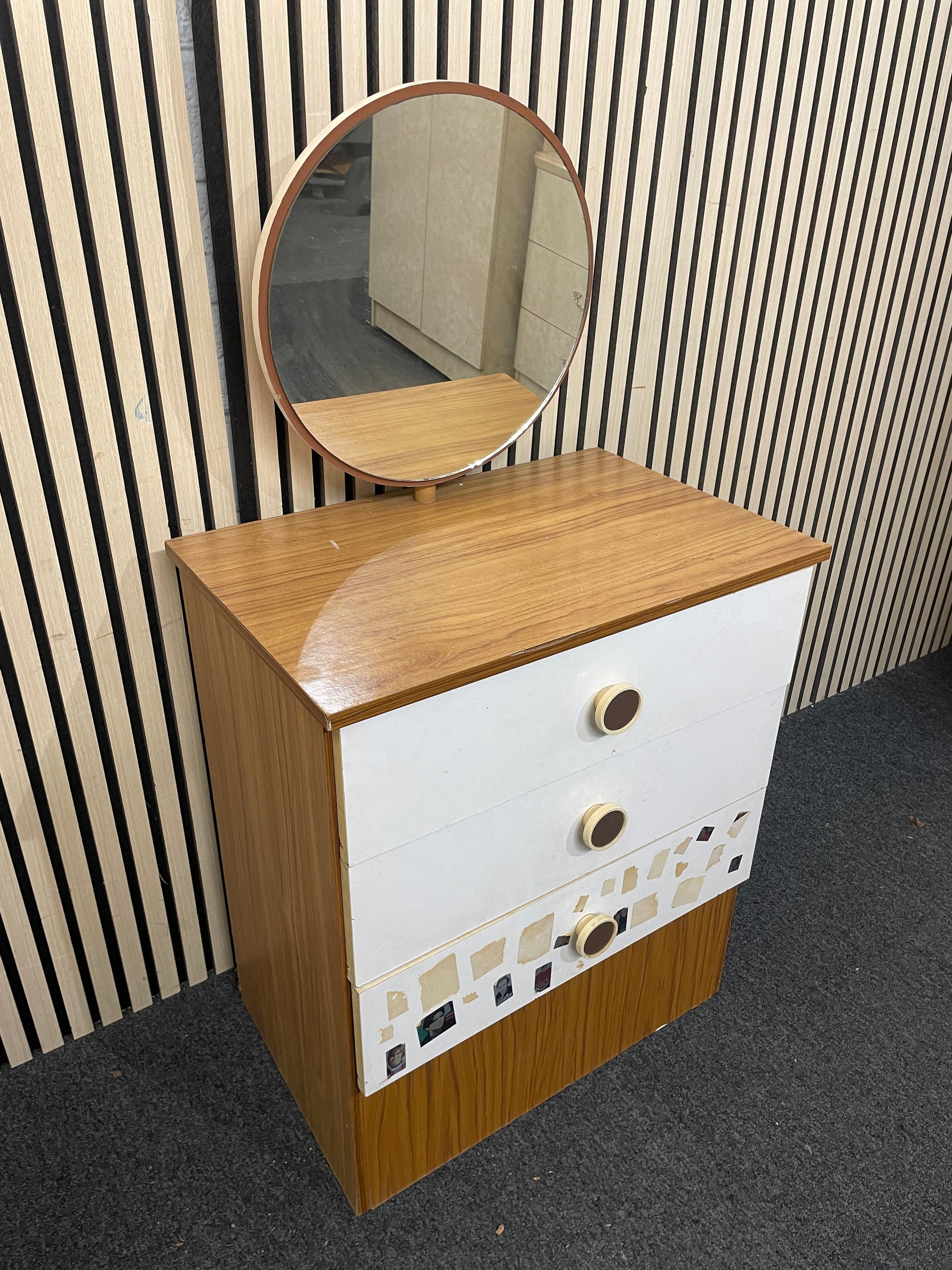 Teak and white laminate small 3 drawer chest with mirror 2425