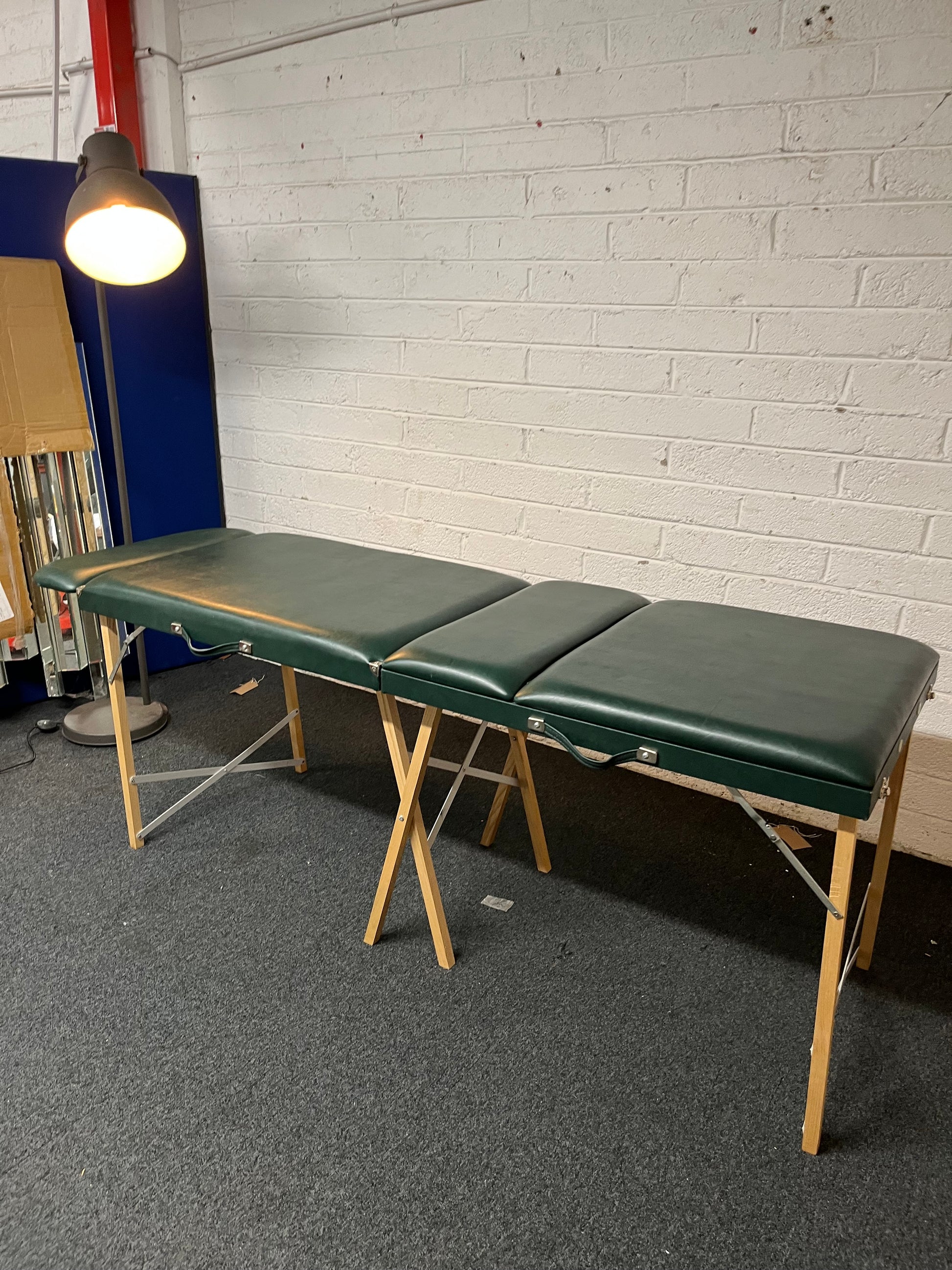Metal and wood framed, folding Massage table in green PU leatherette with headrest  2225