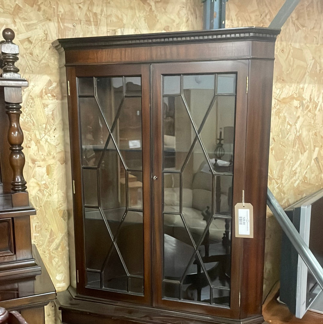 Ornate mahogany tall corner 2 glass door display unit  Q4123