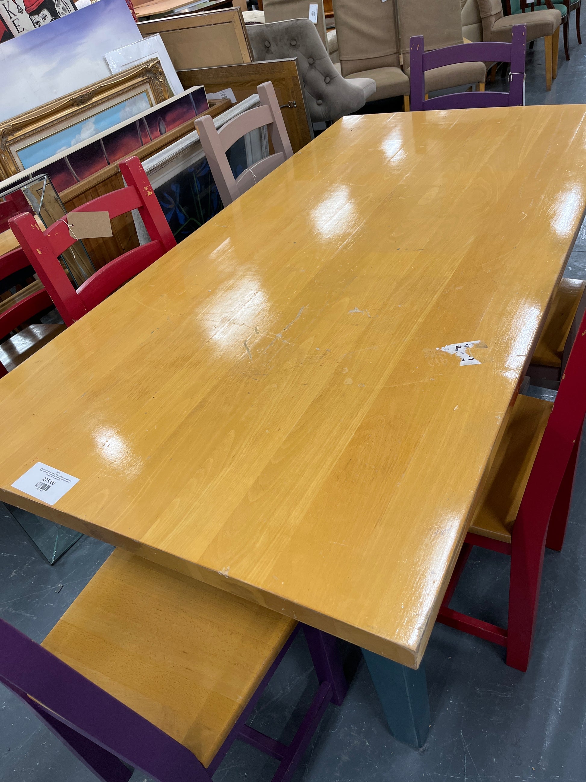 Large beech dining table (L 1830 x W 930 mm)  with blue legs with 6 solid wood dining chairs in various colours (brown, red, purple) 1225