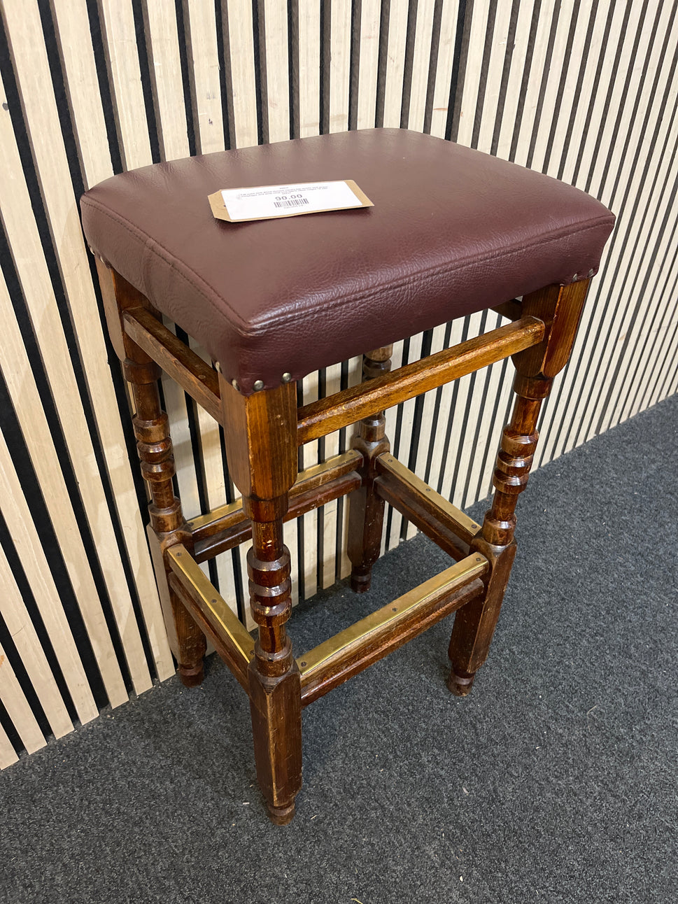 Tall solid dark wood stained square bar stools with brass footplates and wine vinyl seat fabric (Seat height 78 cm)  44237