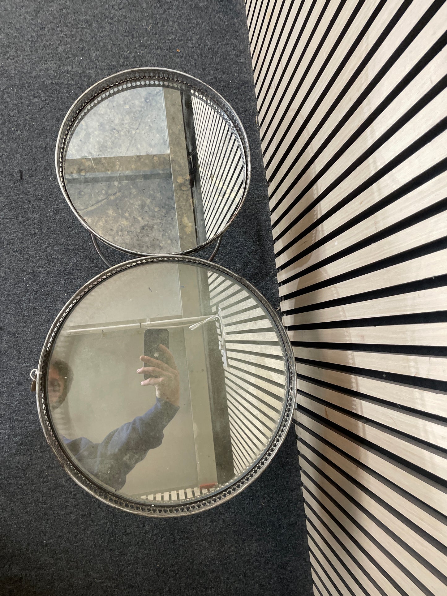 Pair of glass circular tables with metal frame  43332