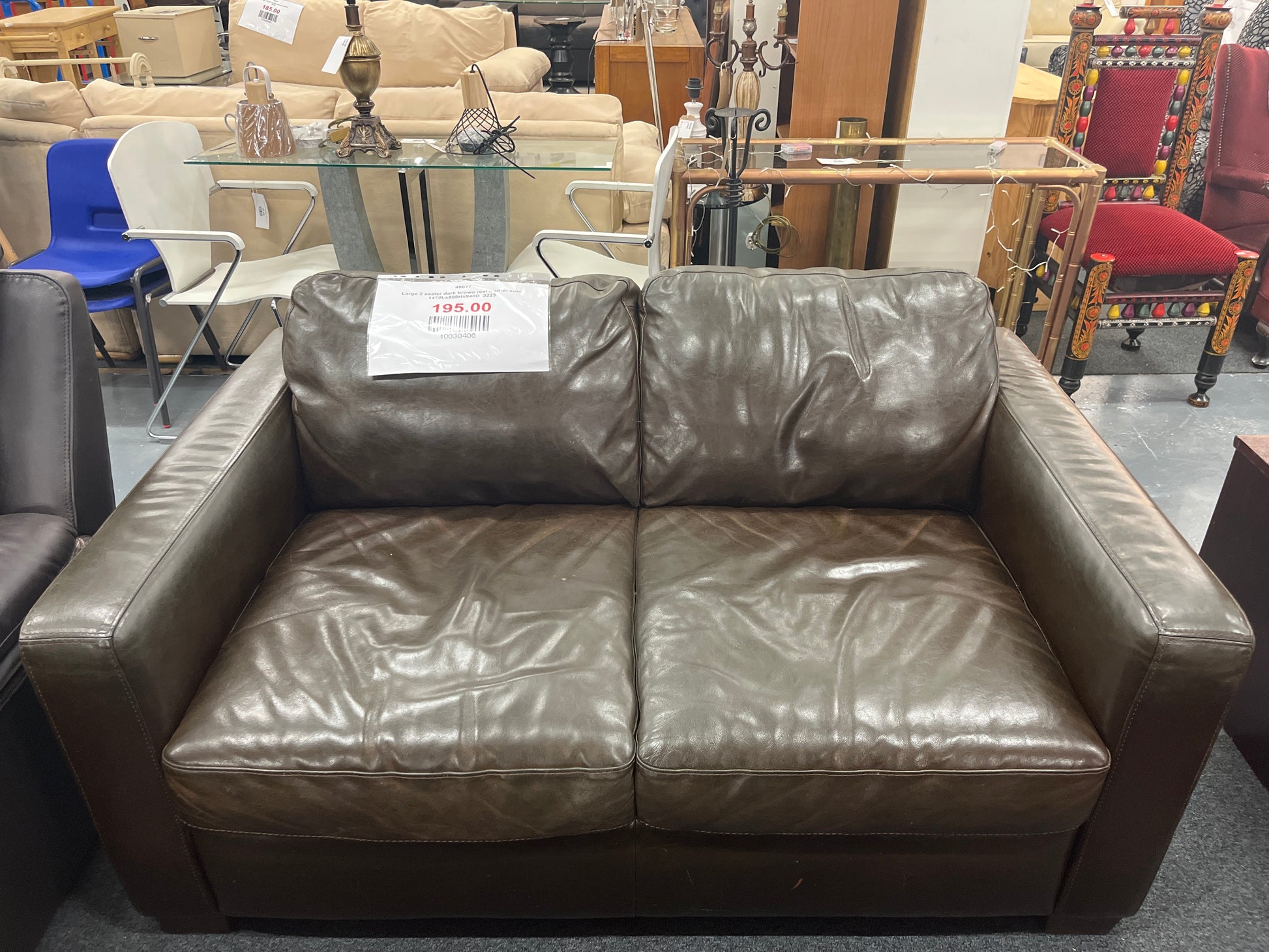 Large 2 seater dark brown real leather sofa 1470Lx800Hx940D  3225