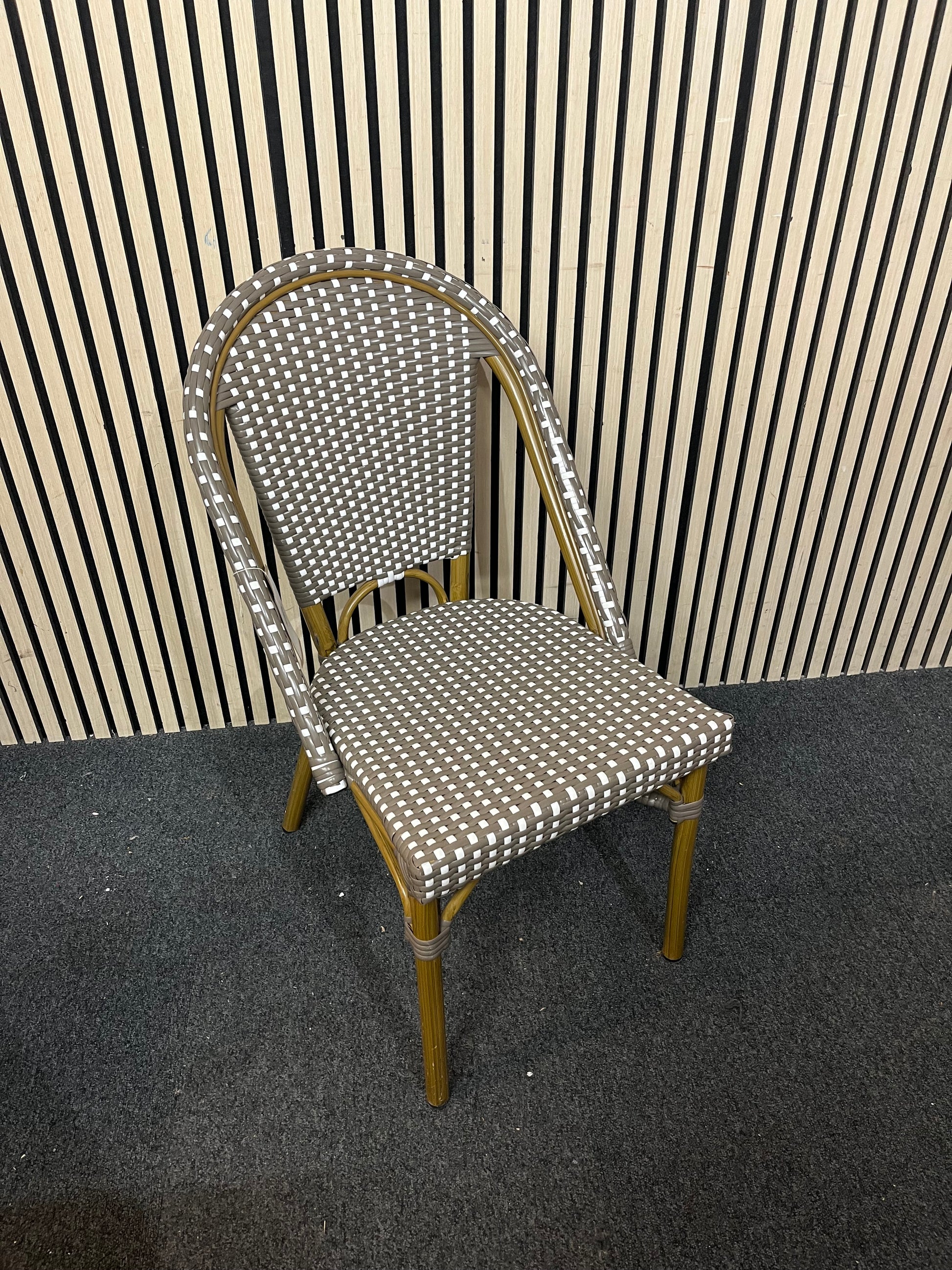 Rattan style outdoor brown and cream stacking chair 1126